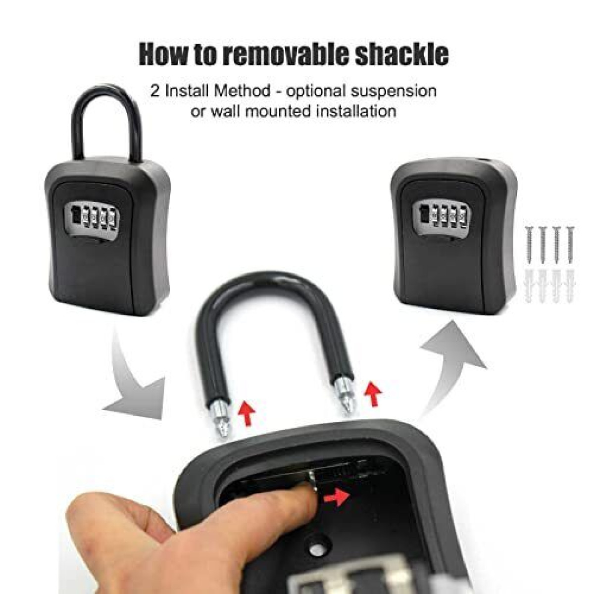 Ilustracja: Jak zainstalować skrzynkę na klucze, z zamkiem i śrubami.