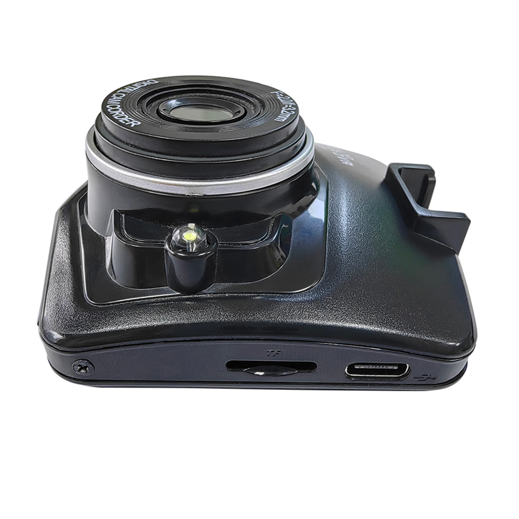 A black dash camera with a lens and a mount. It is on a white background and has USB and SD card slots.