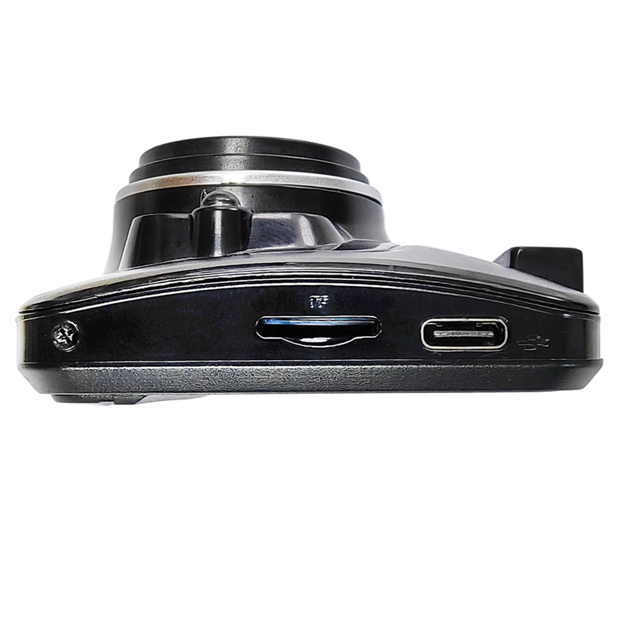 A black dash cam with ports and a lens.