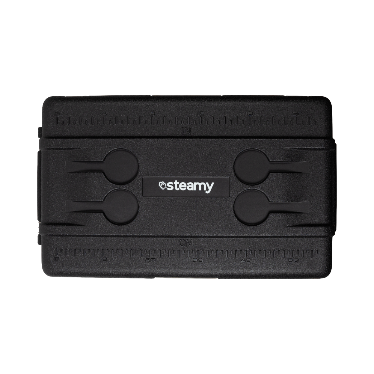 Un appareil Steamy rectangulaire noir avec des mesures en pouces et en centimètres.