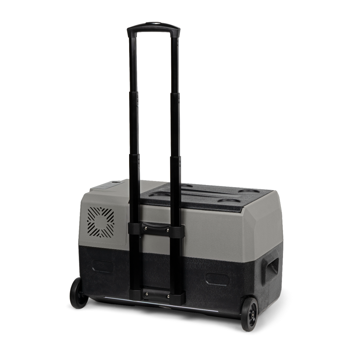 Eine rollende Kühlbox, schwarz und grau. Sie hat einen Griff und Räder für den einfachen Transport. Isoliert auf schwarzem Hintergrund.