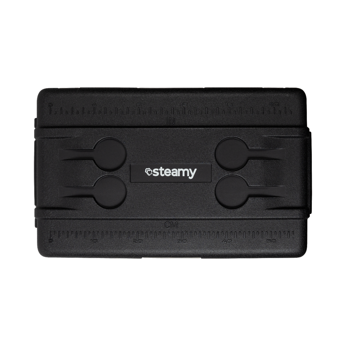 Schwarze Plastikbox mit Linealmarkierungen an den Seiten und kreisförmigen Vertiefungen, Steamy-Logo in der Mitte.