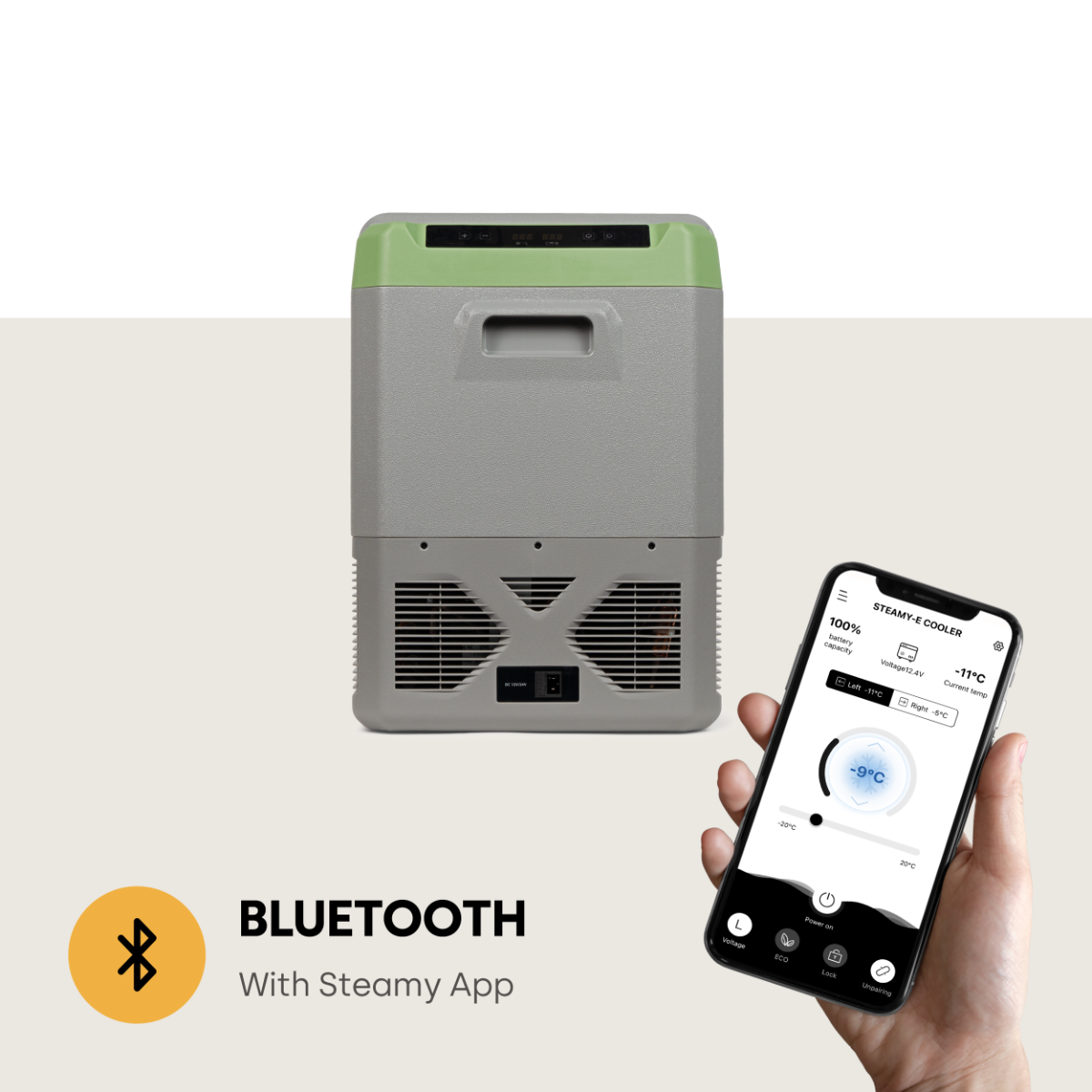 Eine grau-grüne Kühlbox mit Bluetooth-Logo und Smartphone, das eine Steuerschnittstelle anzeigt.