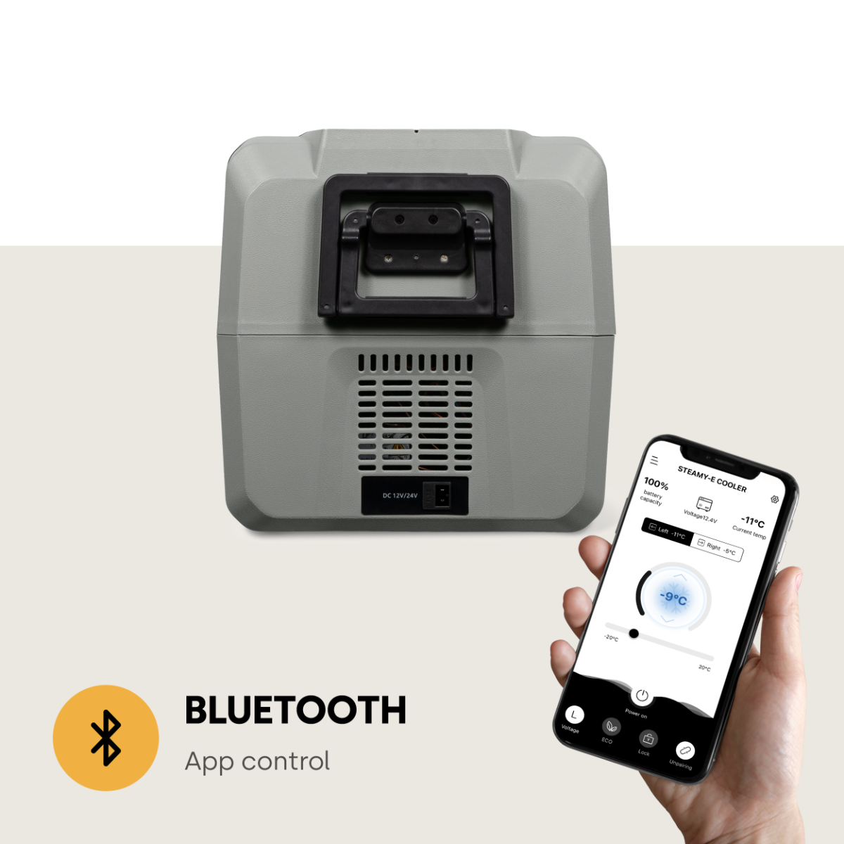 Glacière grise avec une poignée noire et un téléphone affichant la température de la glacière. Bluetooth et contrôle par application affichés.