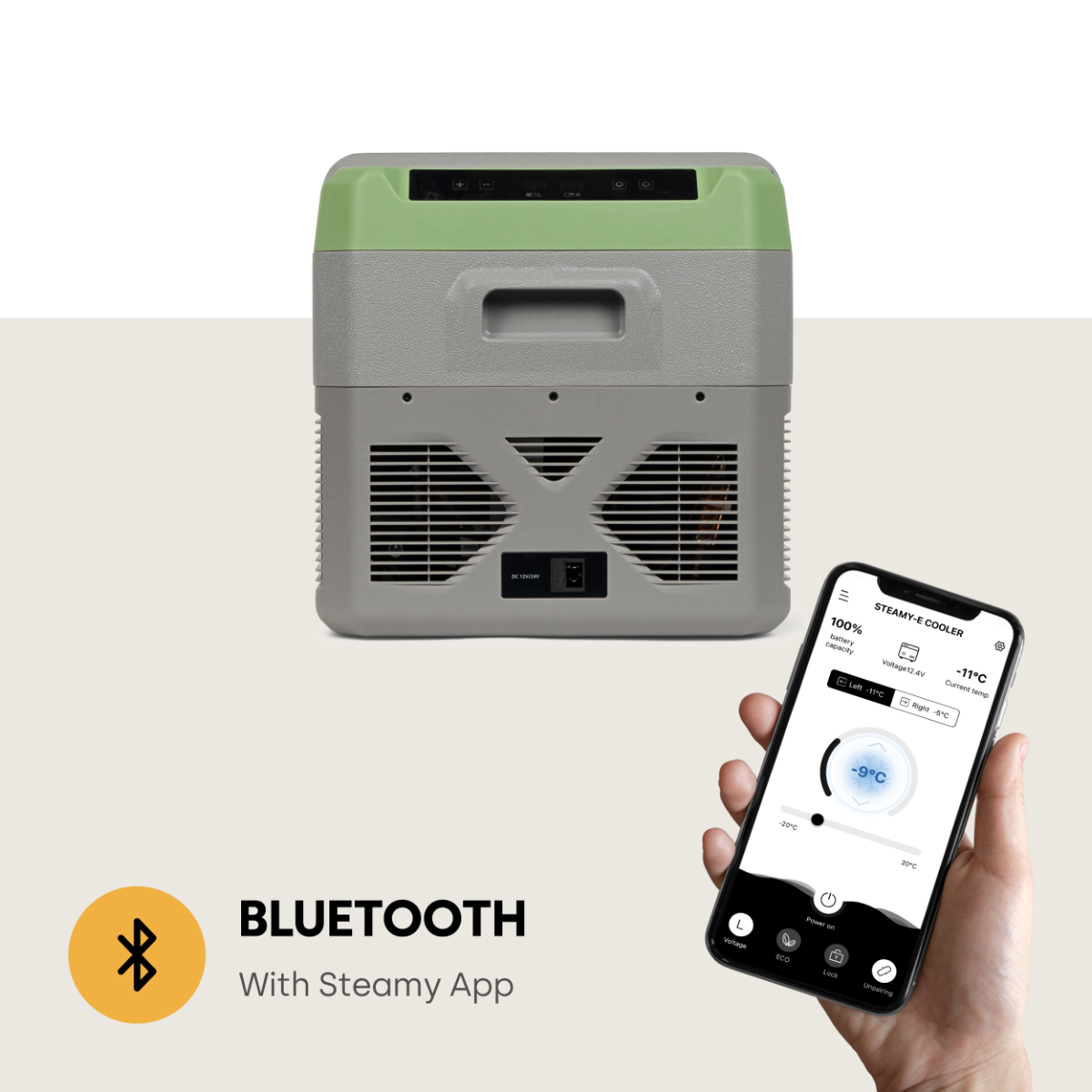 Réfrigérateur portable avec dessus vert et corps gris, un téléphone affiche la température et le logo Bluetooth.