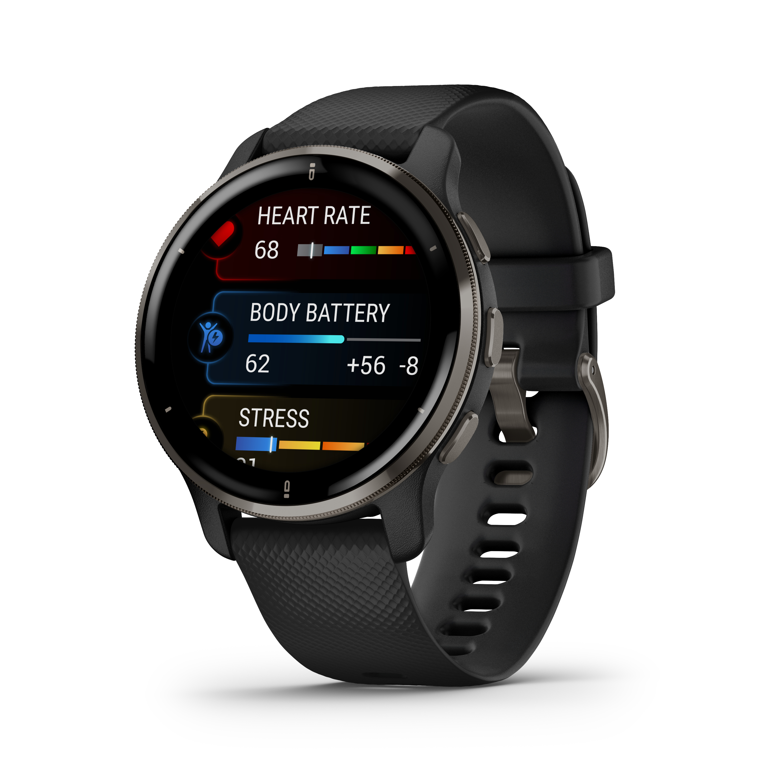 Czarny smartwatch wyświetlający tętno, baterię ciała i poziom stresu na białym tle.