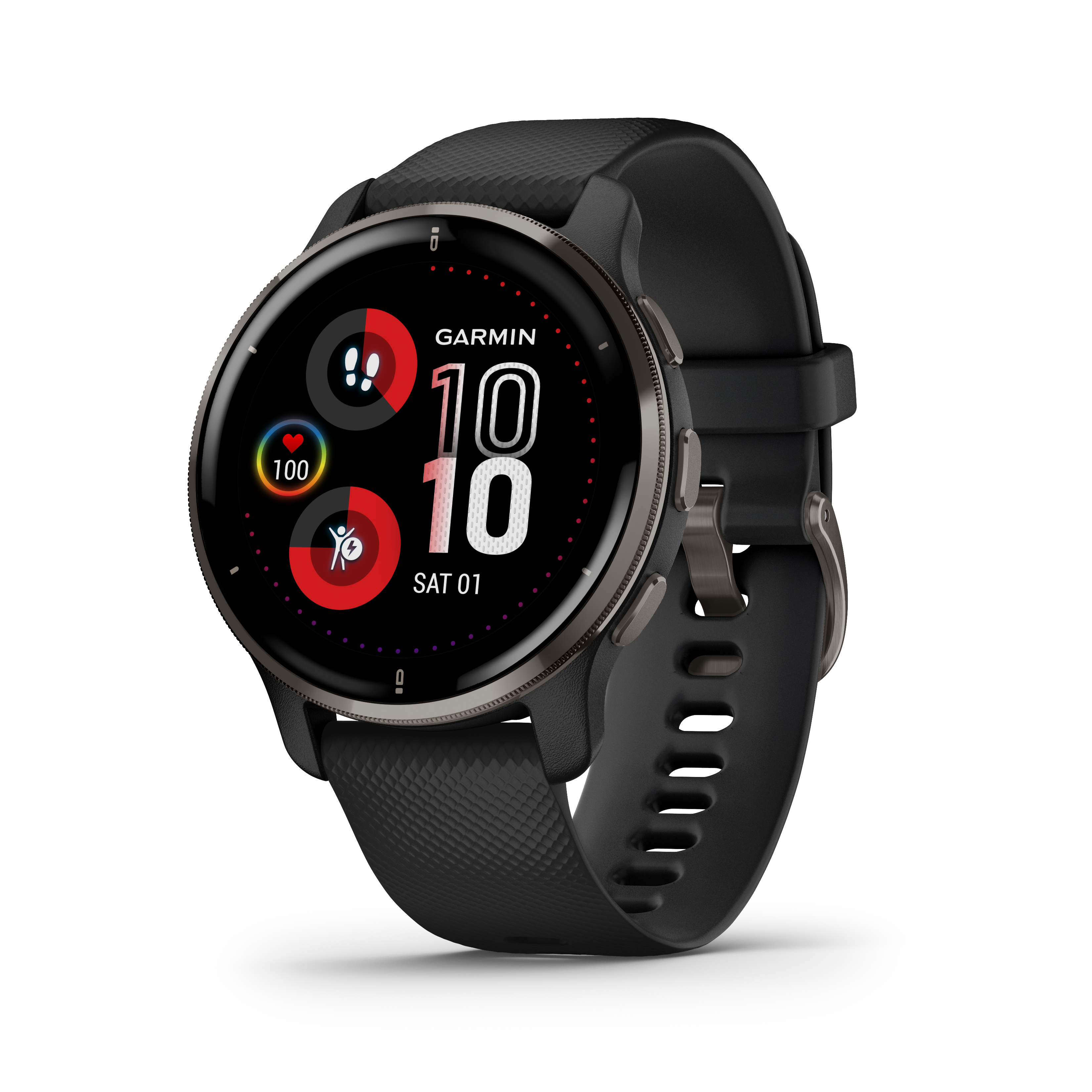 Czarny zegarek Garmin z okrągłą tarczą, wyświetlający czas i statystyki. Czarny pasek.