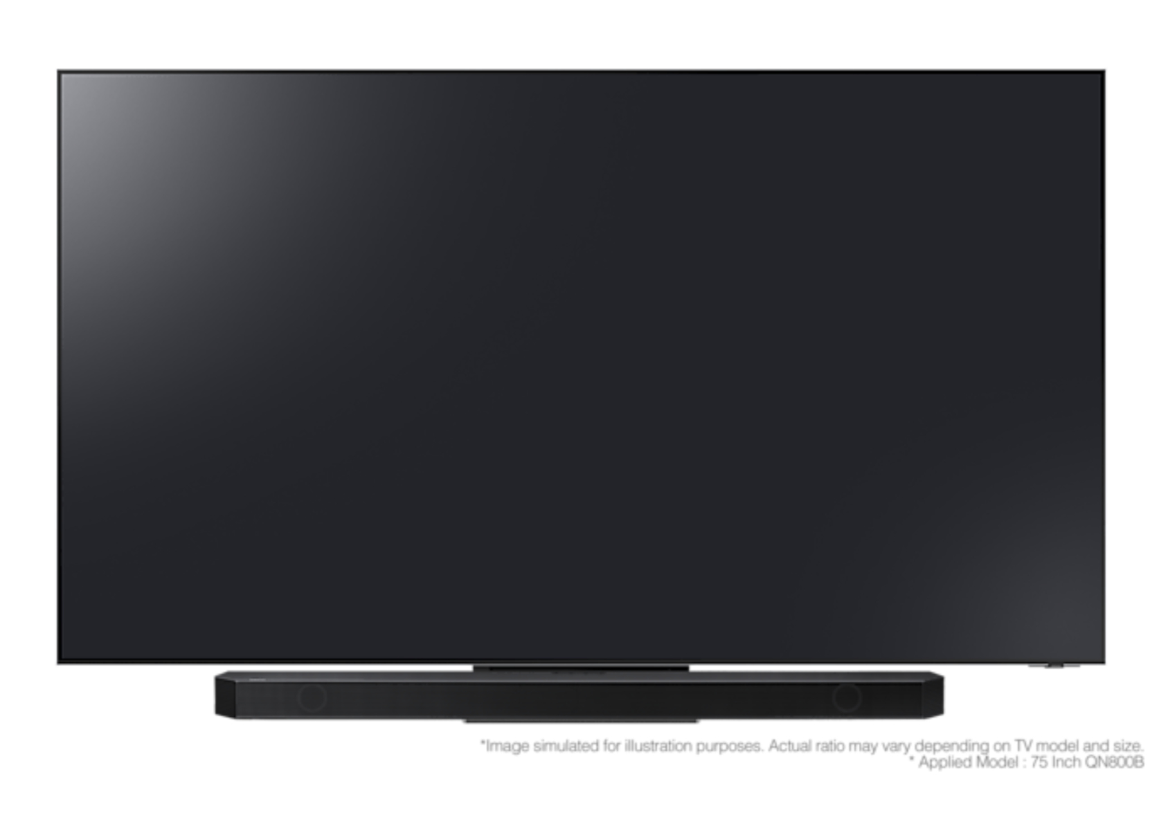 Ein schwarzer Fernseher mit einer schwarzen Soundbar darunter, auf weißem Hintergrund. Text unten.