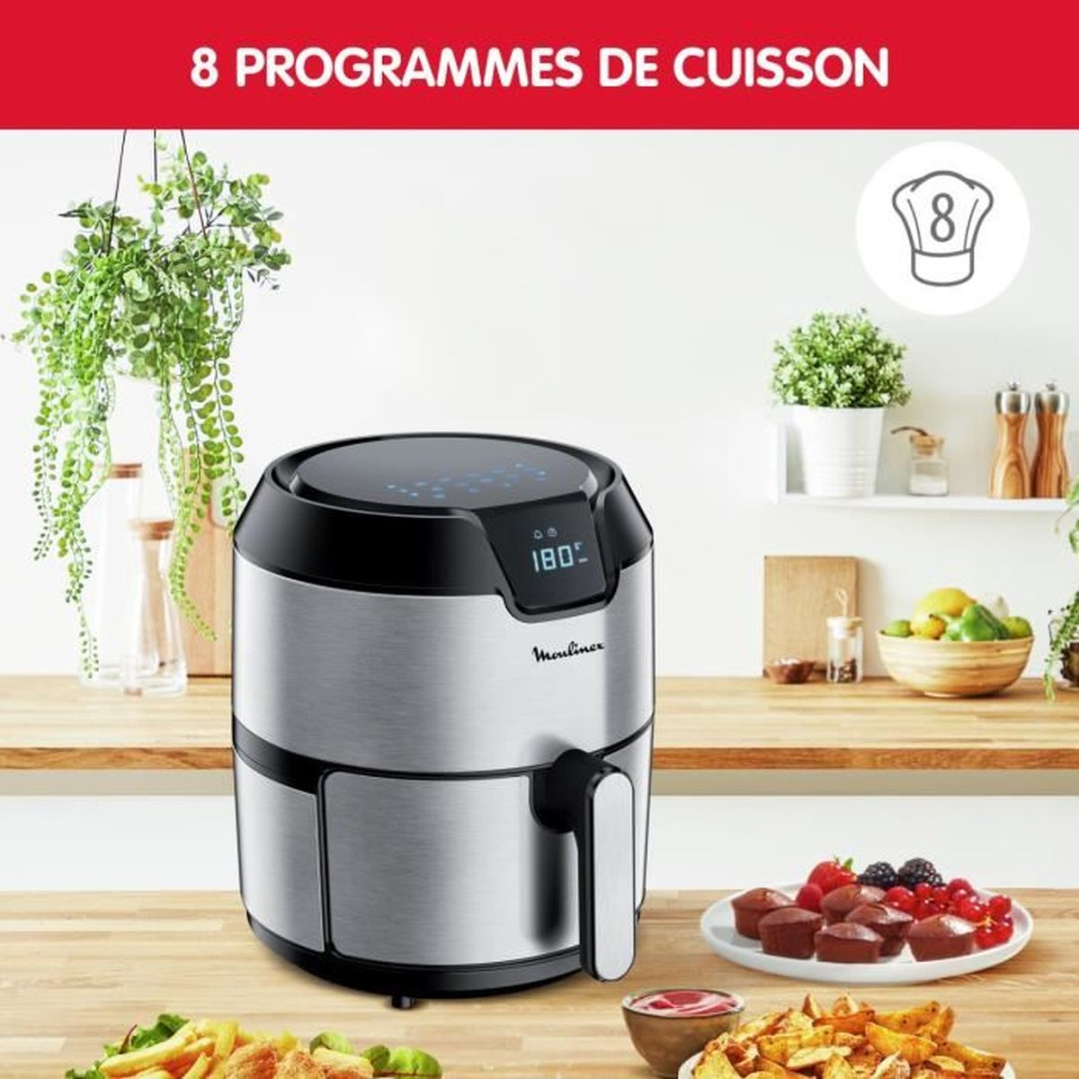 Friggitrice ad aria con cibo e un timer.