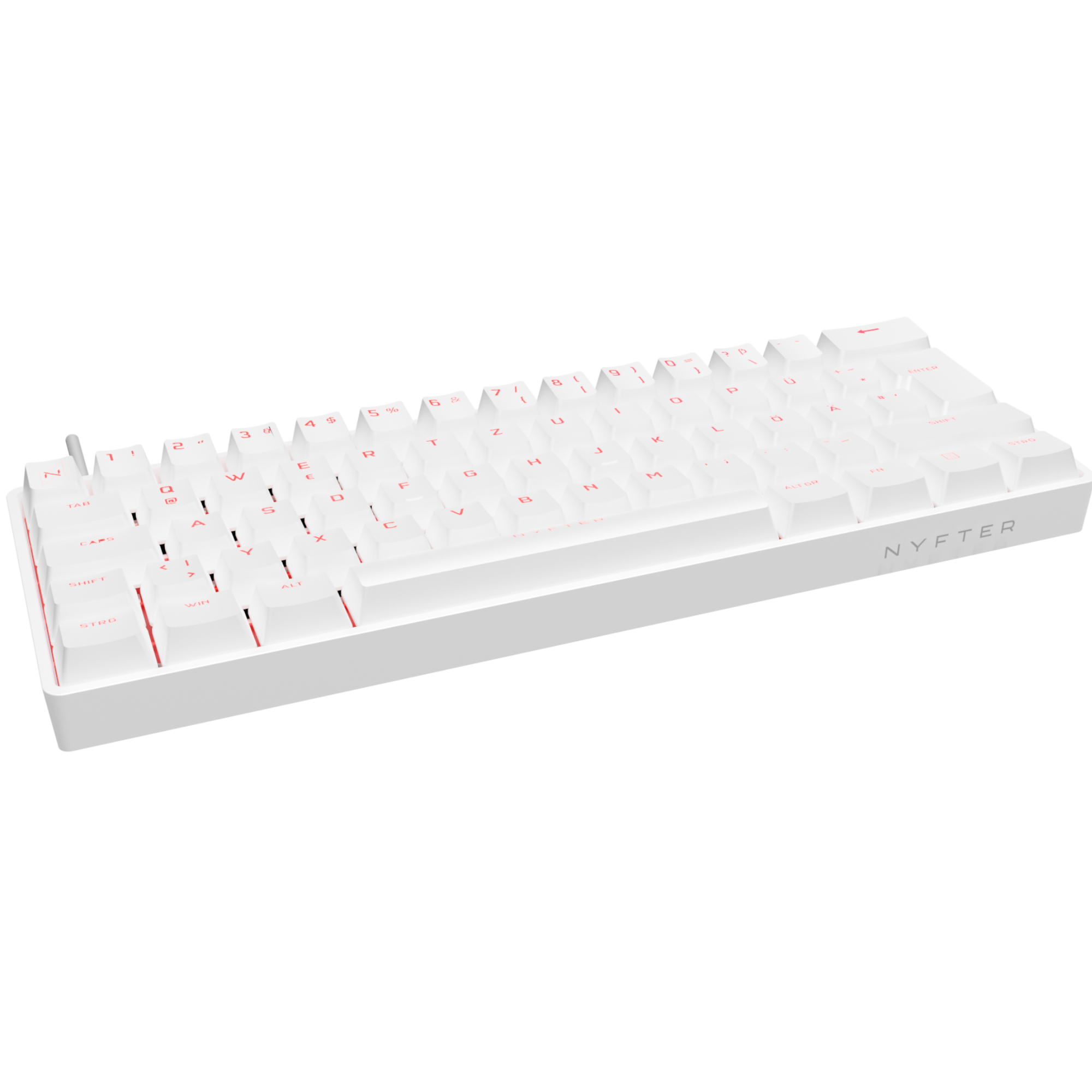 Weiße Tastatur mit roten Buchstaben. Sie hat ein NYFTER-Logo. Die Tasten sind weiß.