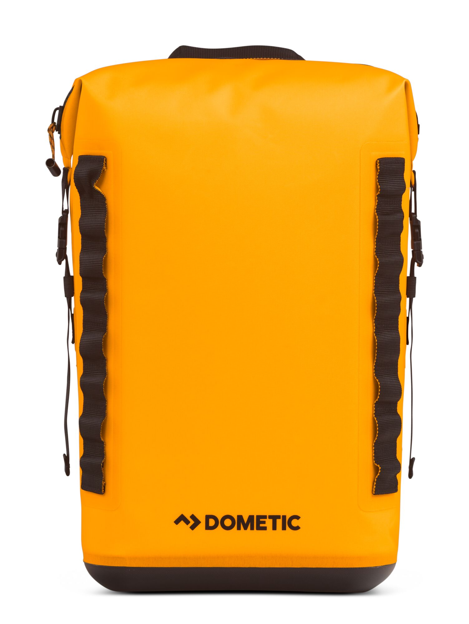 A bright orange backpack with black straps and a black bottom. It has the Dometic logo on the front.