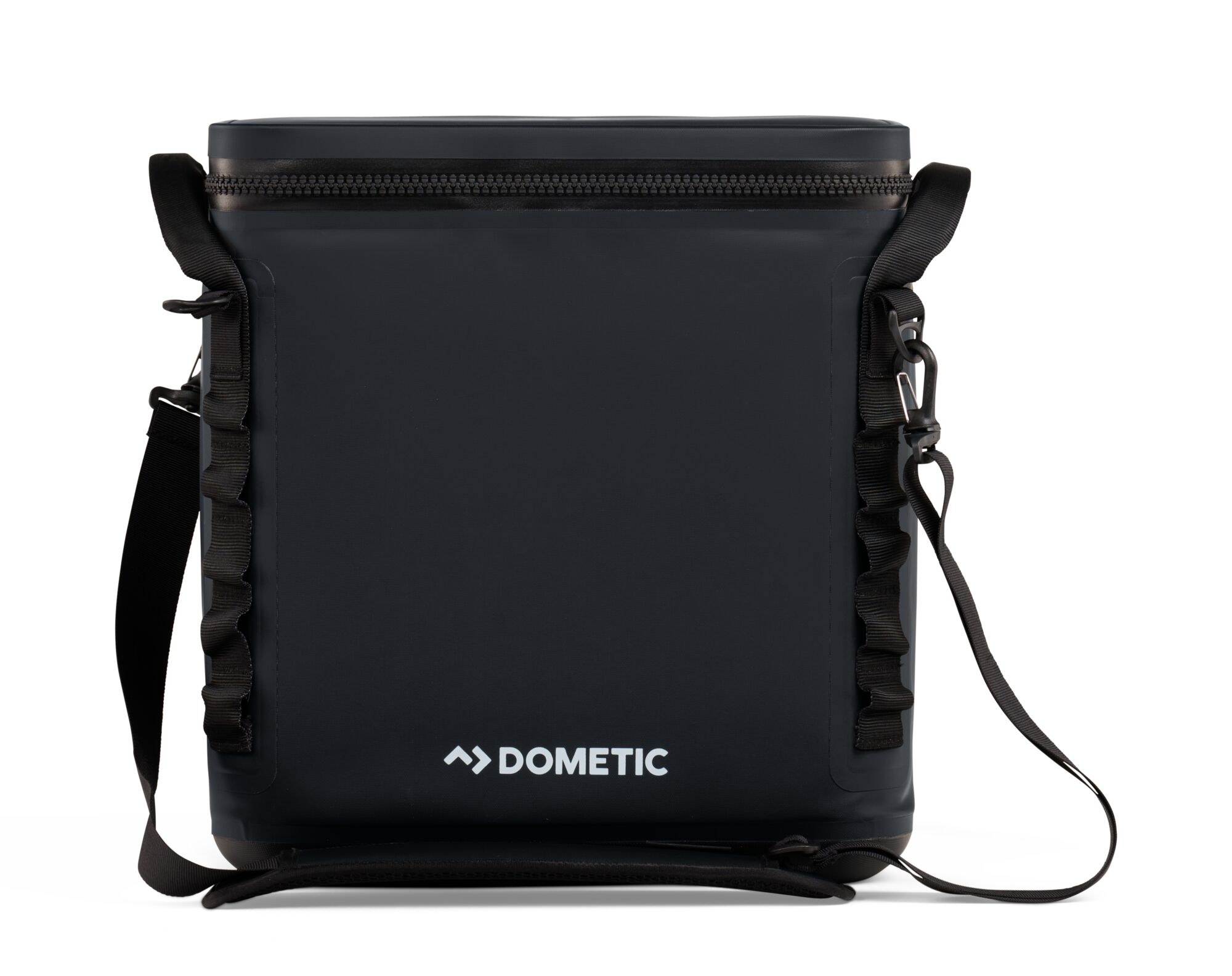 Black cooler bag with shoulder strap. Text: Black cooler bag with a shoulder strap, Dometic logo.