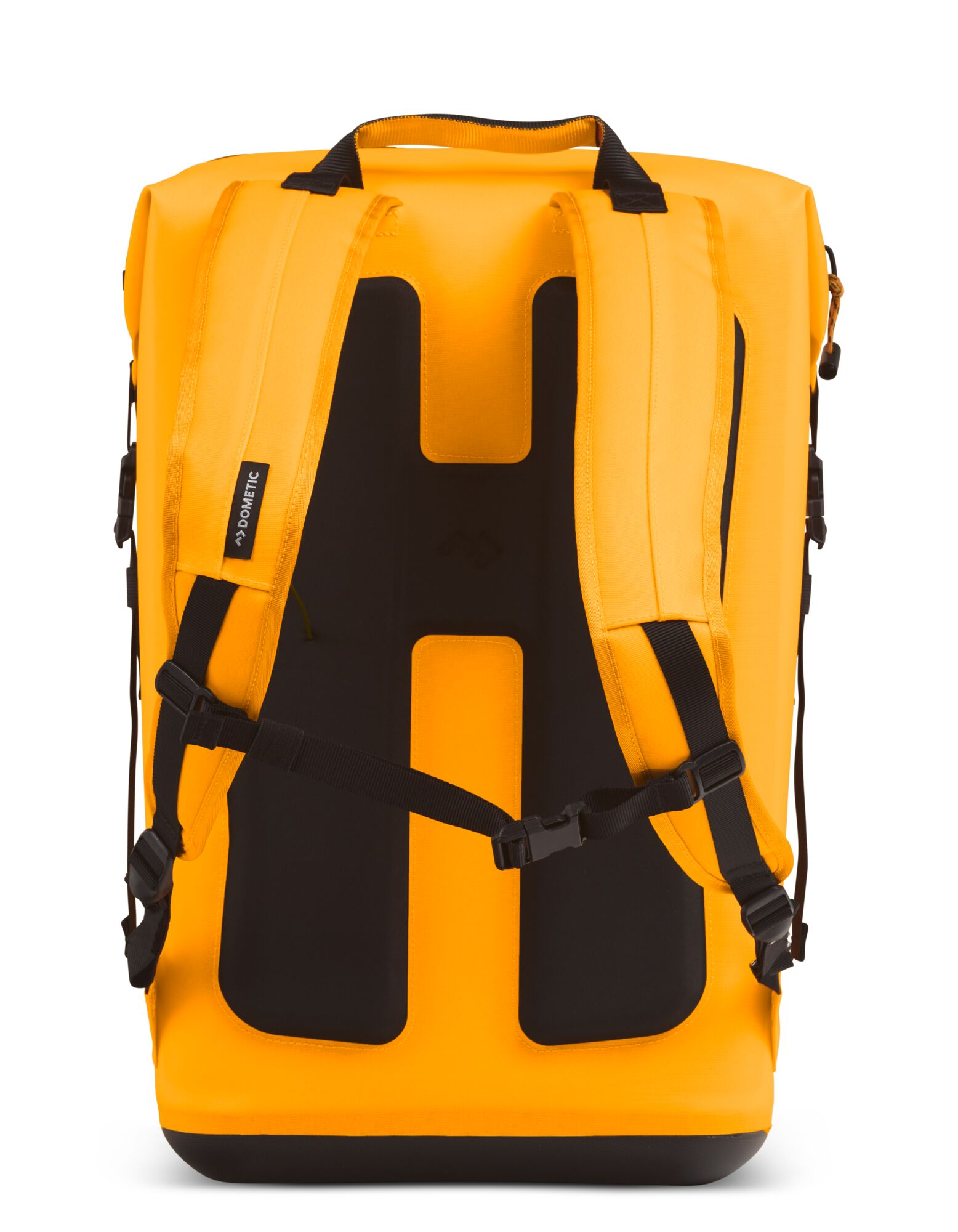 A yellow backpack with black straps, with the brand name 'DOMETIC'.