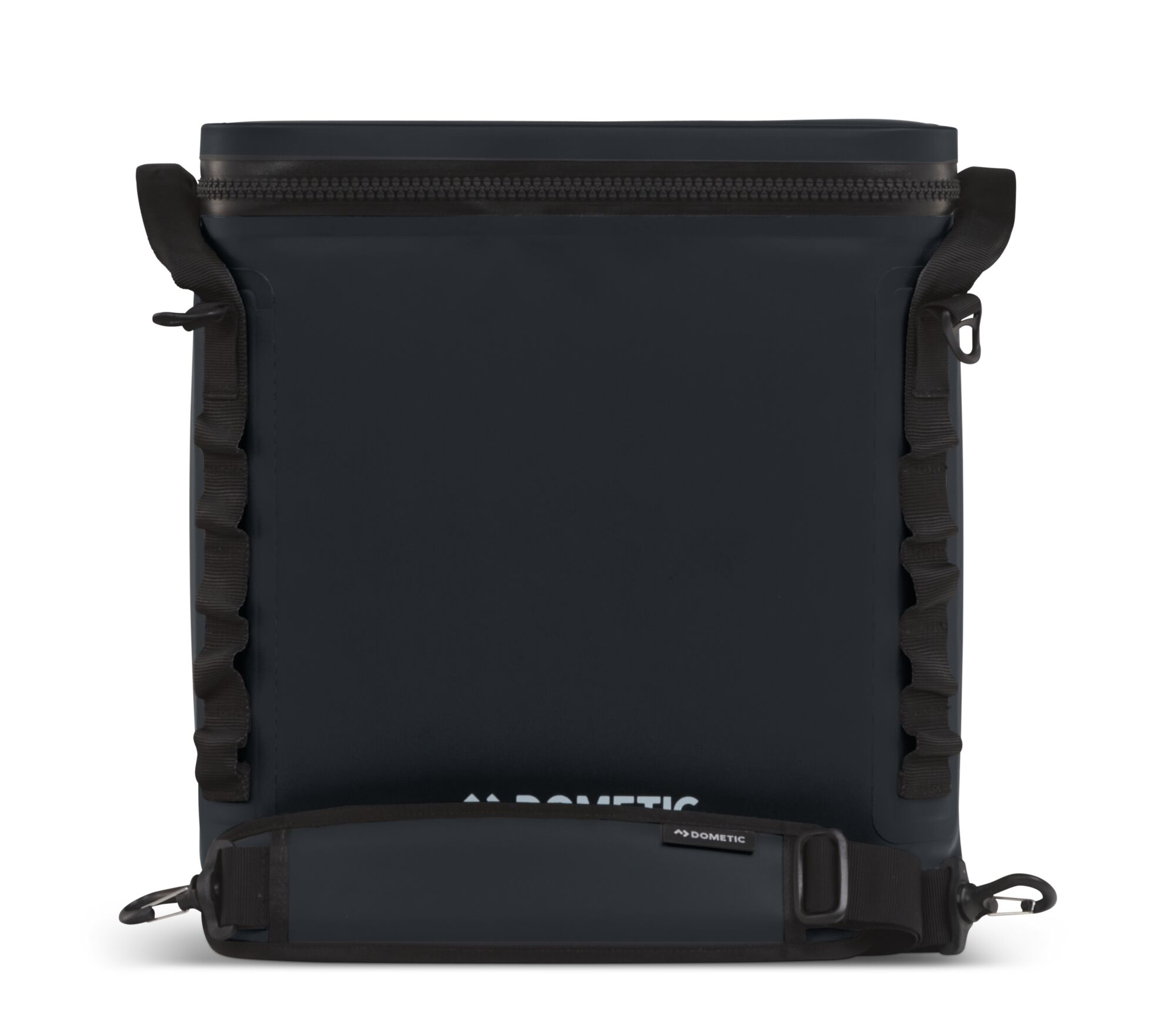 A black, rectangular cooler bag with a shoulder strap. It has zippers and a black handle, and is on white.