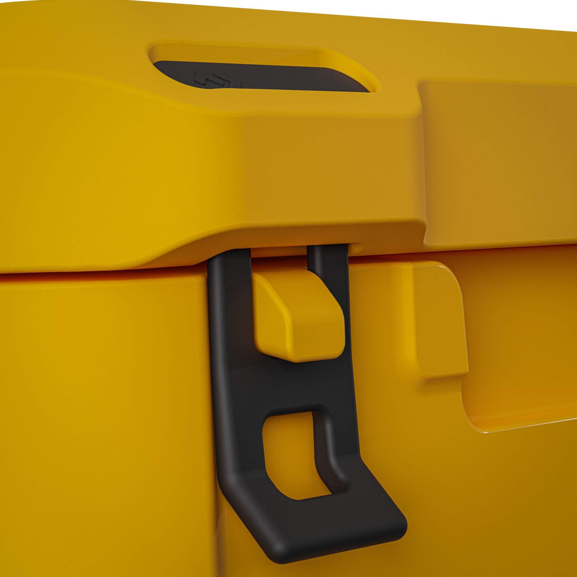 Gele container met zwarte handgreep. Zwarte handgreep is aan de zijkant bevestigd.