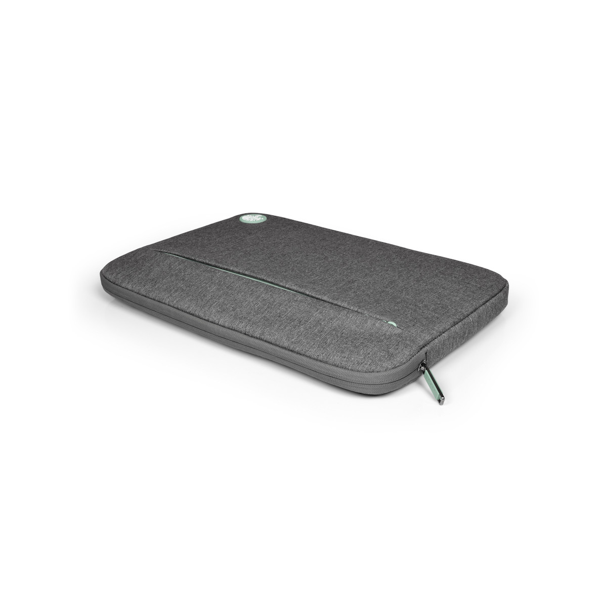 Custodia grigia per laptop con cerniera. Testo: Custodia grigia per laptop con cerniera verde e un logo.
