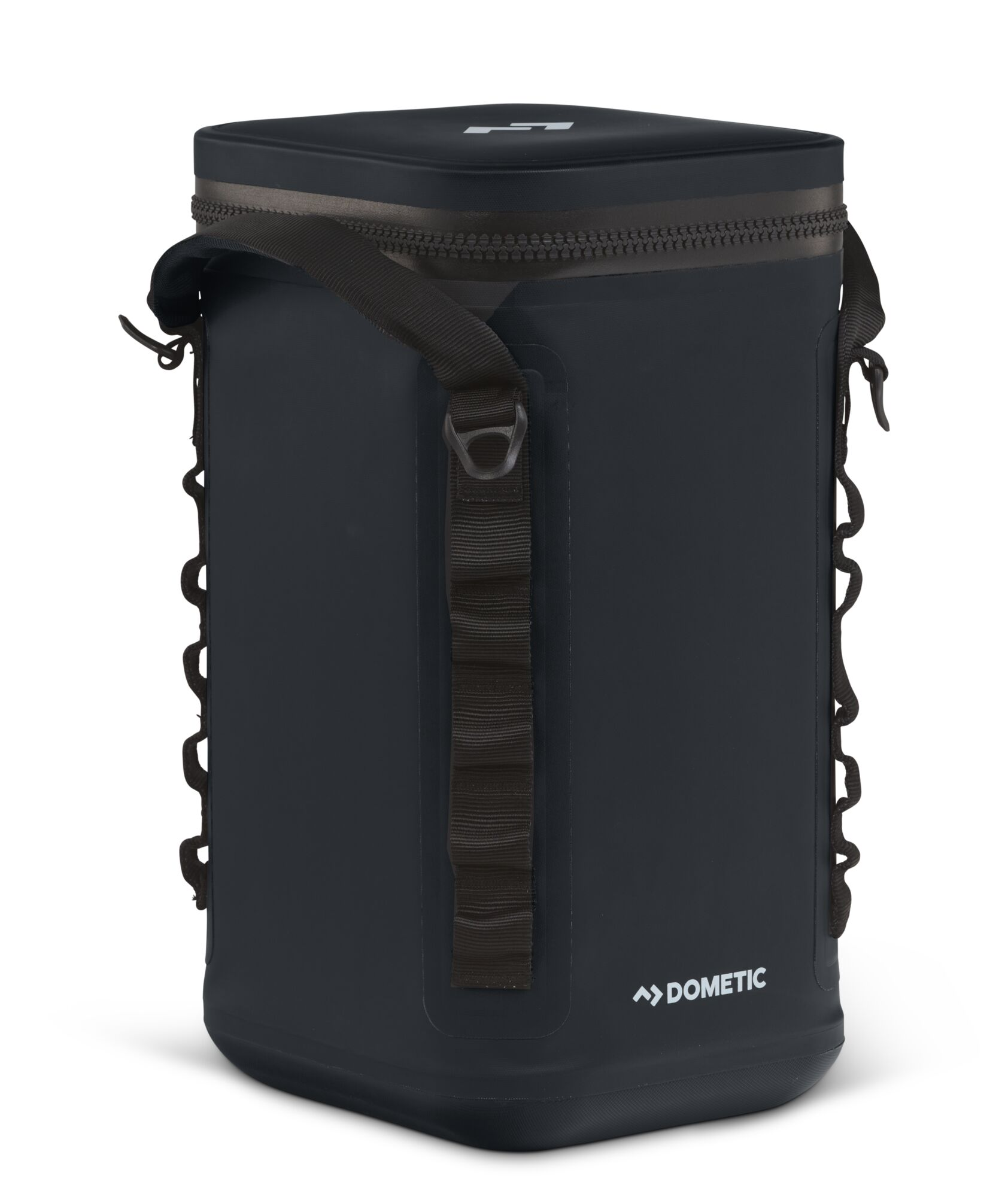 A black, cylindrical cooler bag with a black strap, zipper, and side loops.