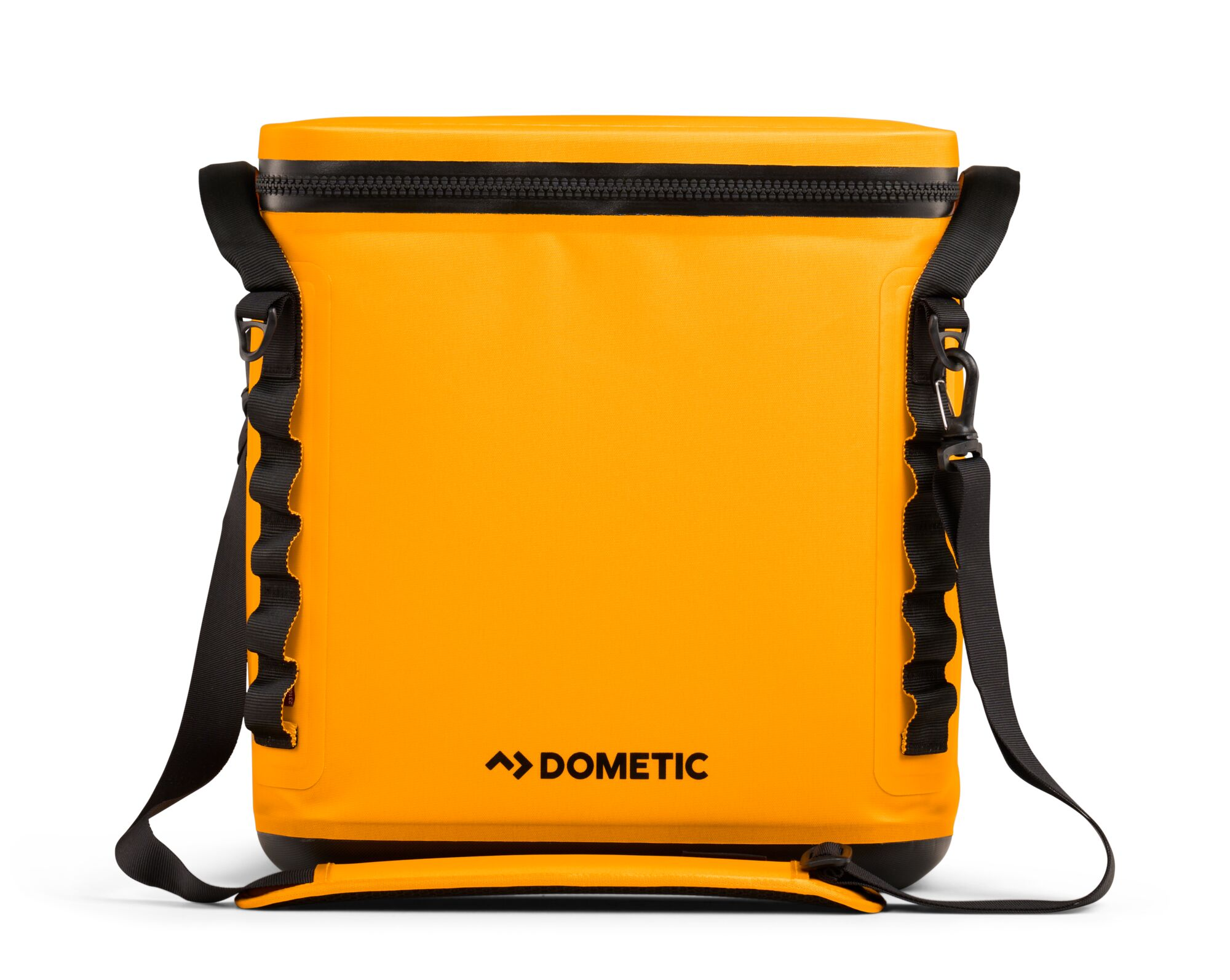 Yellow cooler bag with black straps, shoulder strap, and zipper. Has the Dometic logo. Isolated on white.