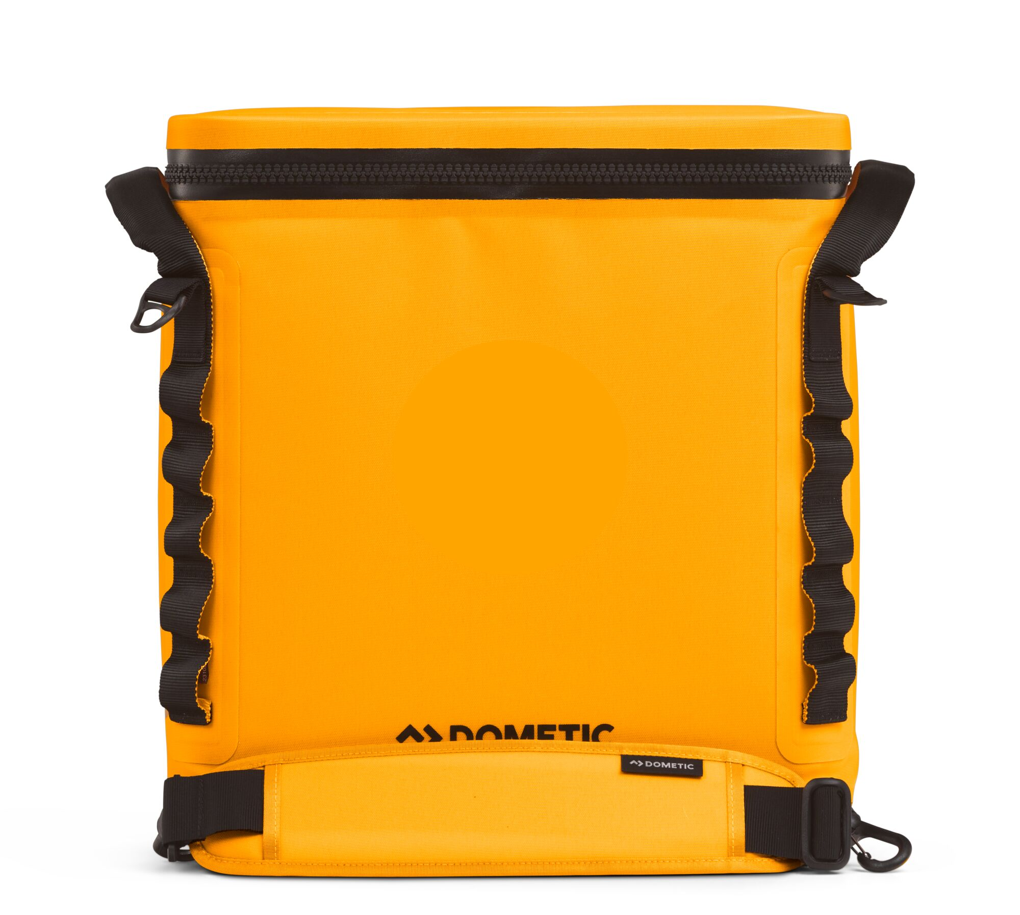 Yellow cooler bag with black straps and zippers.