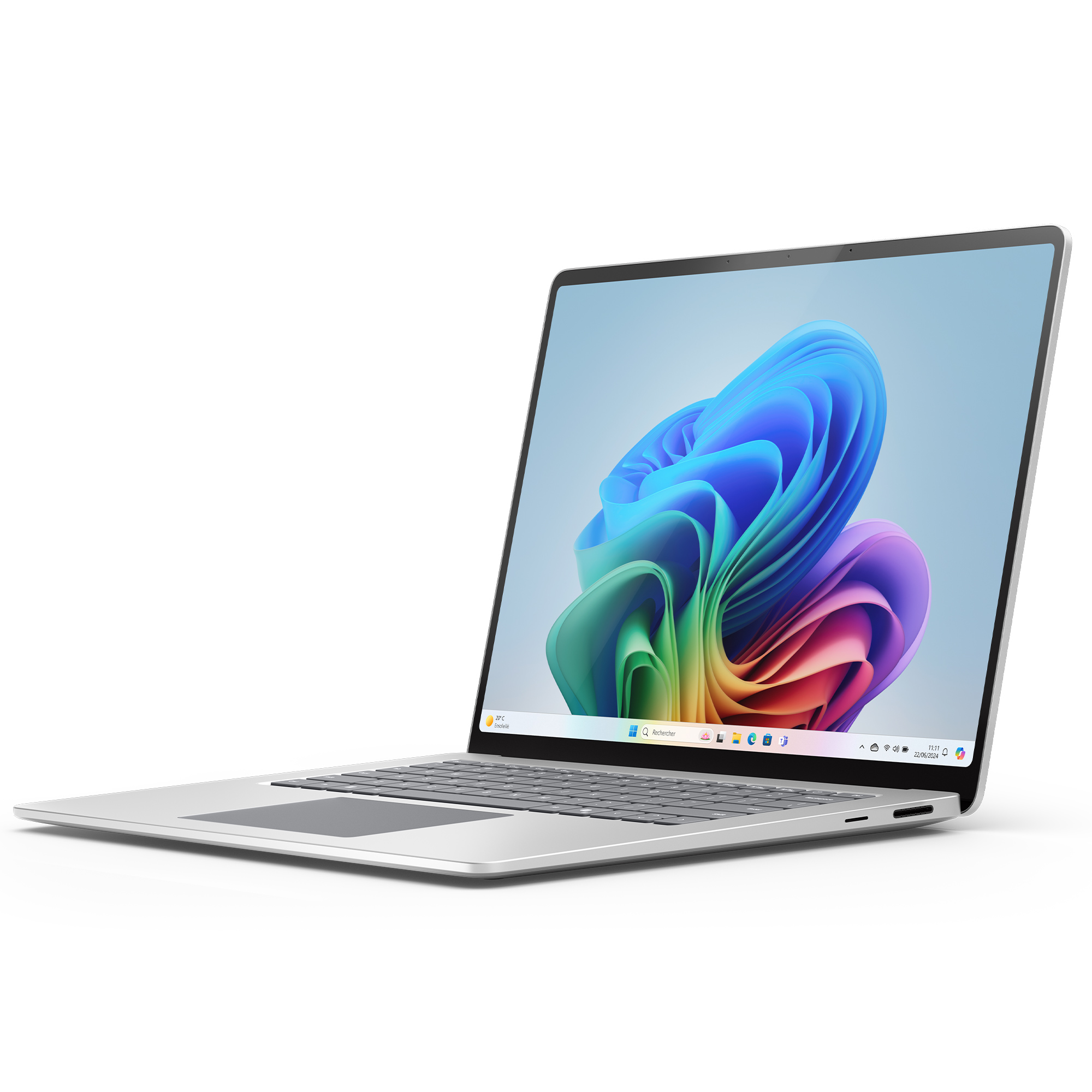 Silver laptop open, colorful wallpaper on screen. White background.