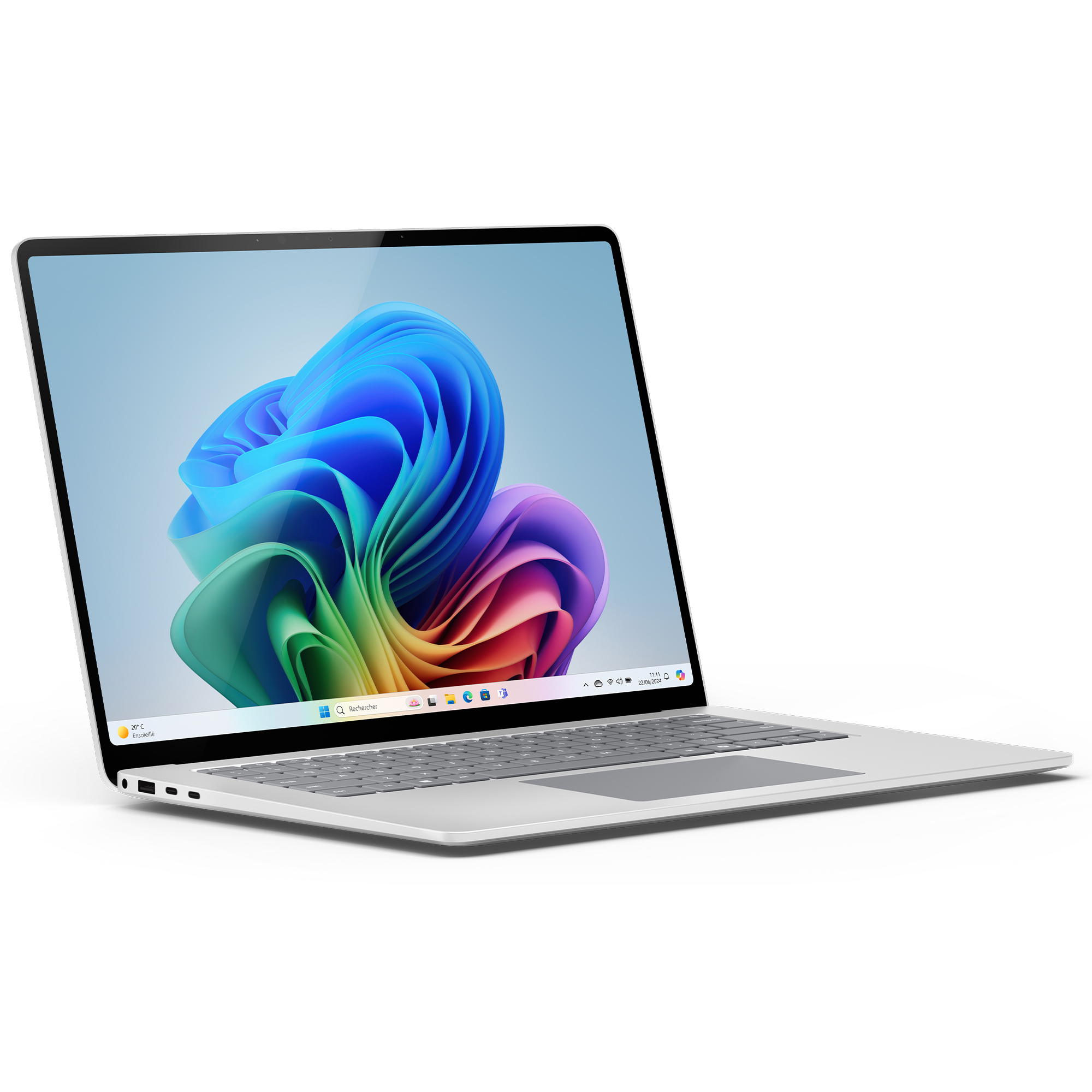 A silver laptop with a colorful abstract image on the screen, on a white background.