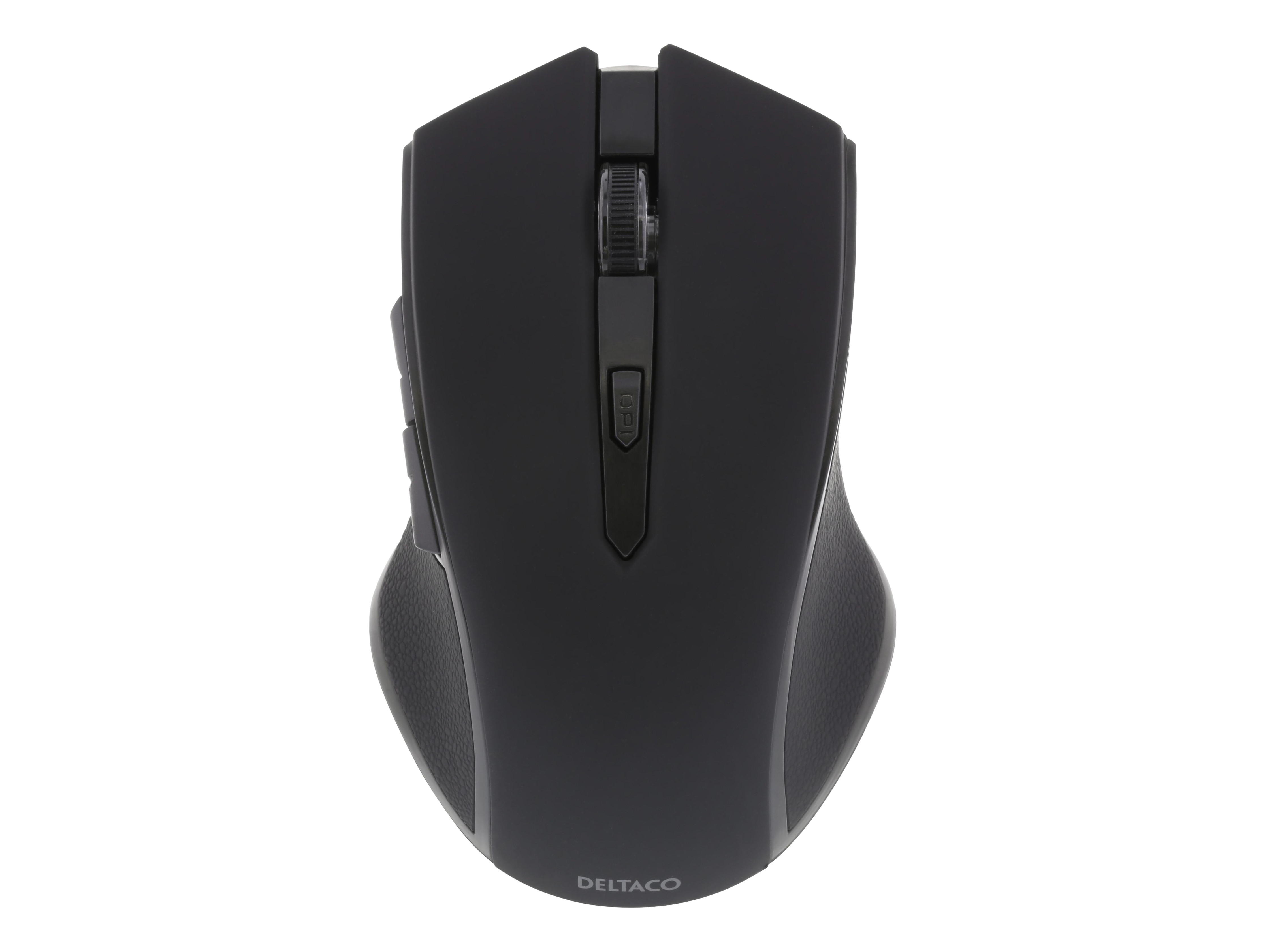 Een zwarte computermuis met een scrollwiel en zijknoppen.