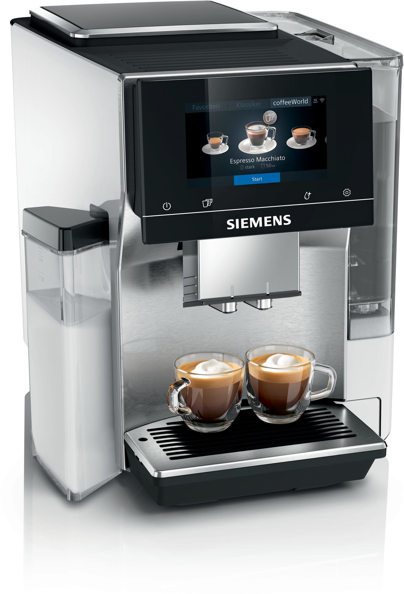 Macchina da caffè Siemens con touchscreen, due tazze di caffè e un contenitore per il latte.
