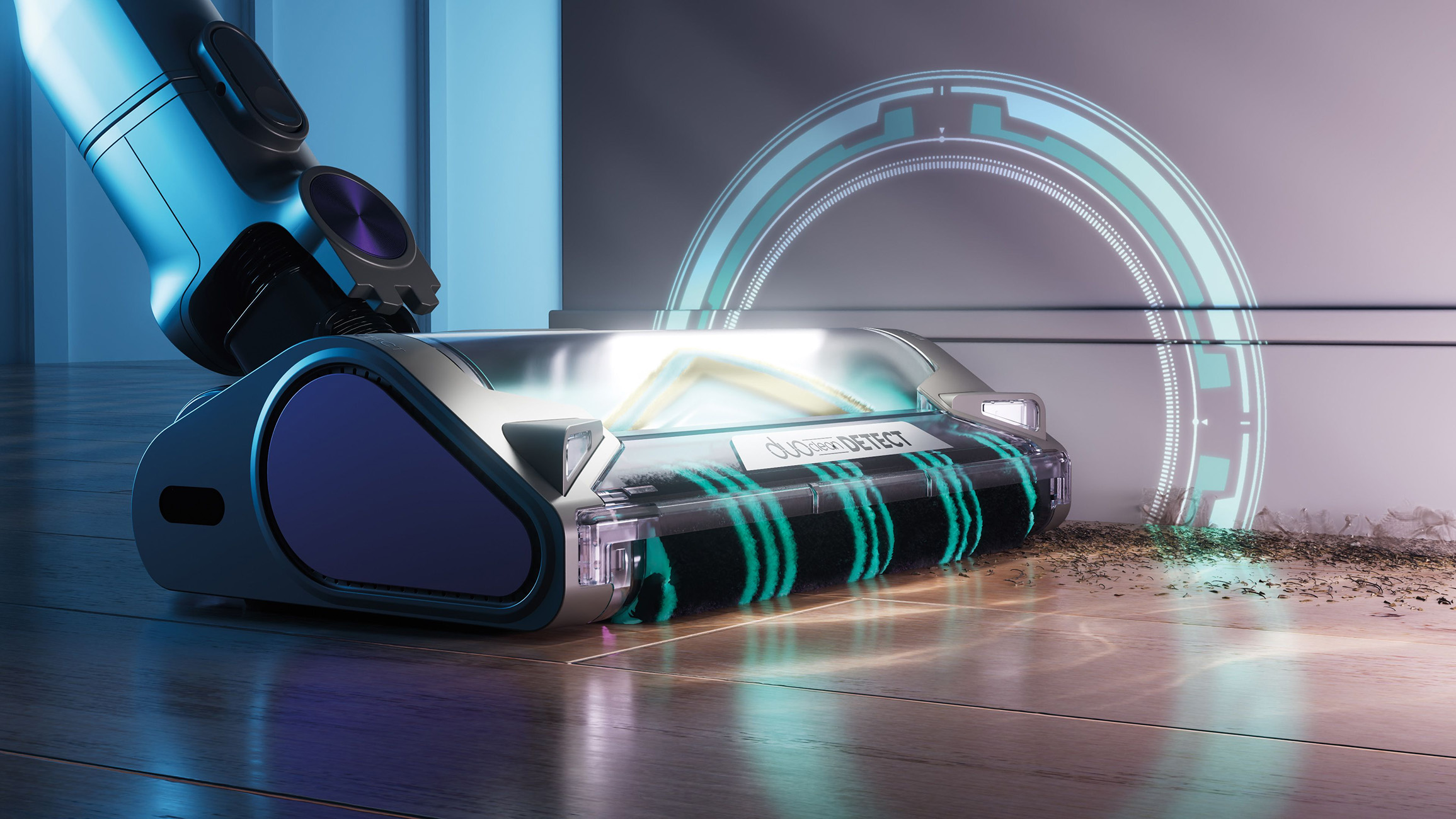 Głowica odkurzacza czyszcząca podłogę, z niebieskim światłem i okrągłą grafiką.
