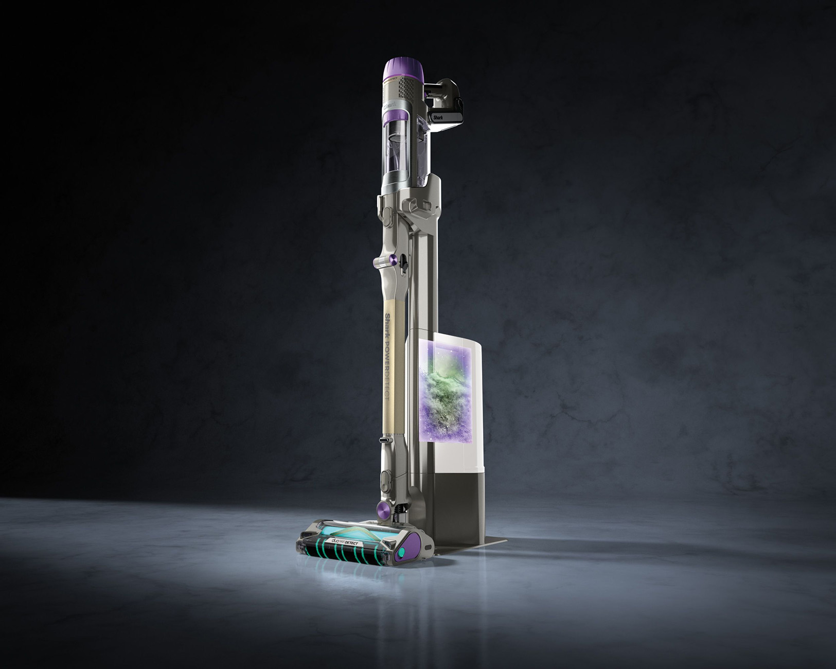 Srebrny i fioletowy odkurzacz bezprzewodowy, przekrój wewnętrznych komponentów.