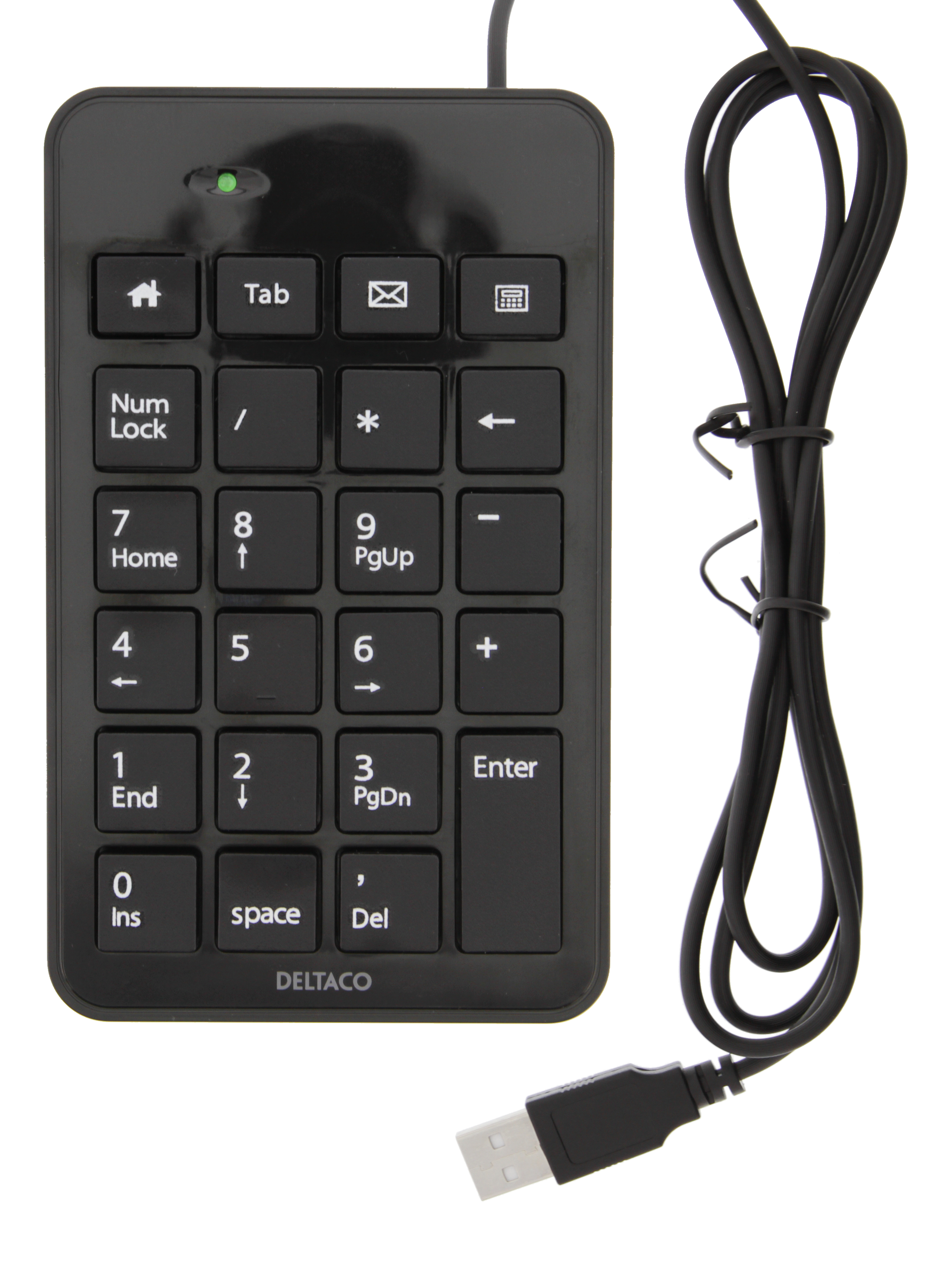 Ein schwarzer numerischer Ziffernblock mit weißen Tasten und einem USB-Kabel.