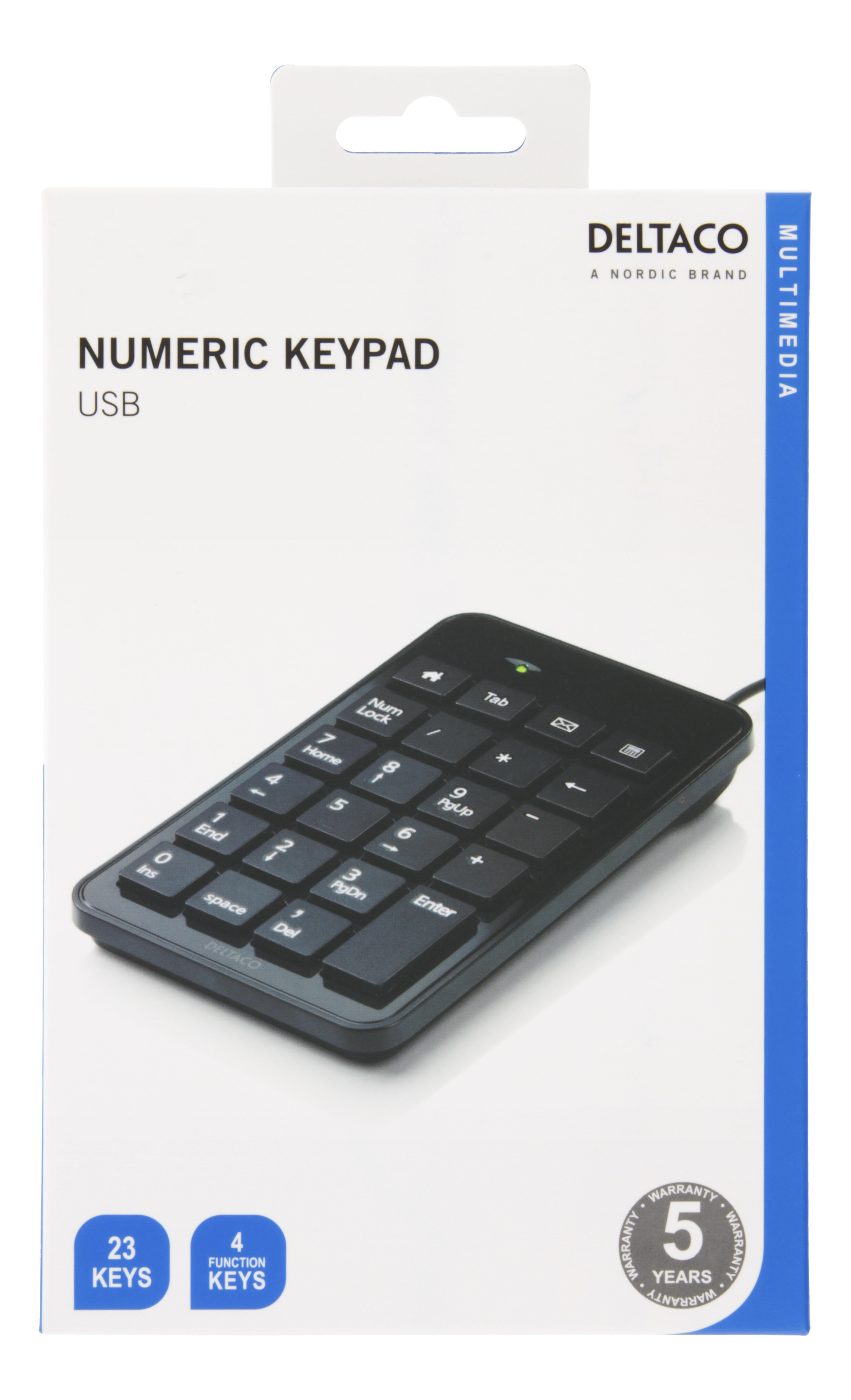 Ein schwarzer numerischer Ziffernblock in einer weißen Box. Er hat 23 Tasten und ein USB-Kabel. Die Marke ist DELTACO.