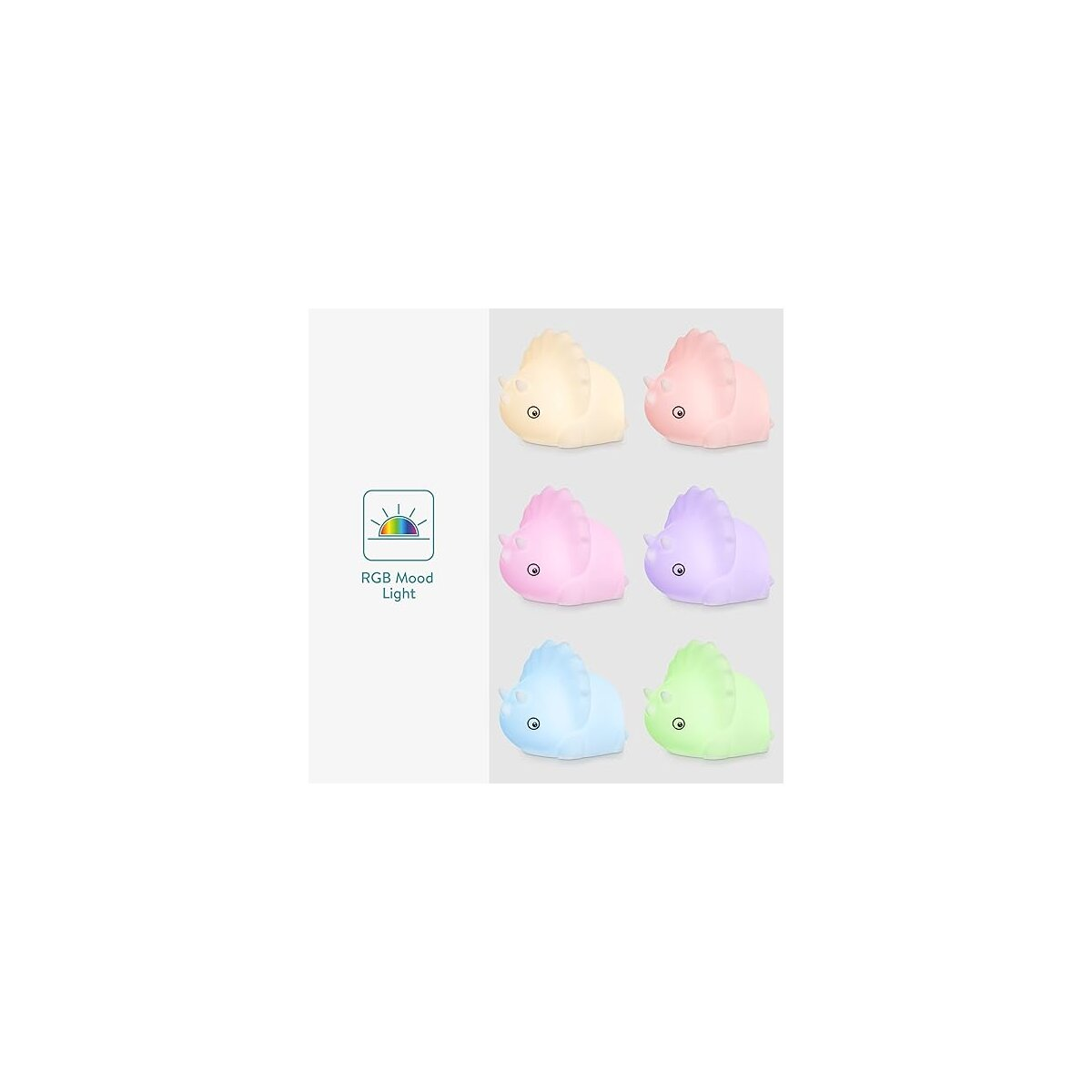 Sechs farbige Triceratops-Nachtlichter mit weißem Hintergrund, die RGB-Stimmungslicht zeigen.