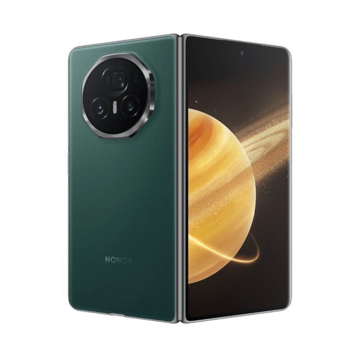 Składany zielony smartfon. Jest otwarty, pokazując wewnętrzny ekran. Z tyłu znajdują się trzy aparaty i logo Honor.