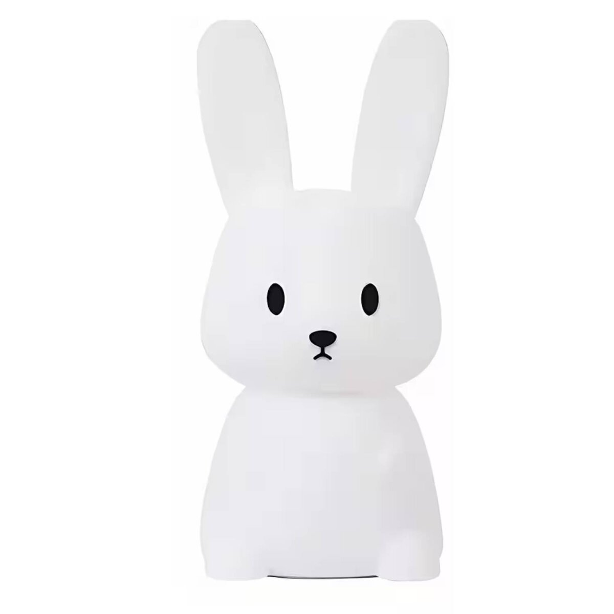 Weißes Lampen in Hasenform. Verfügt über zwei lange Ohren, schwarze Augen und eine kleine Nase.