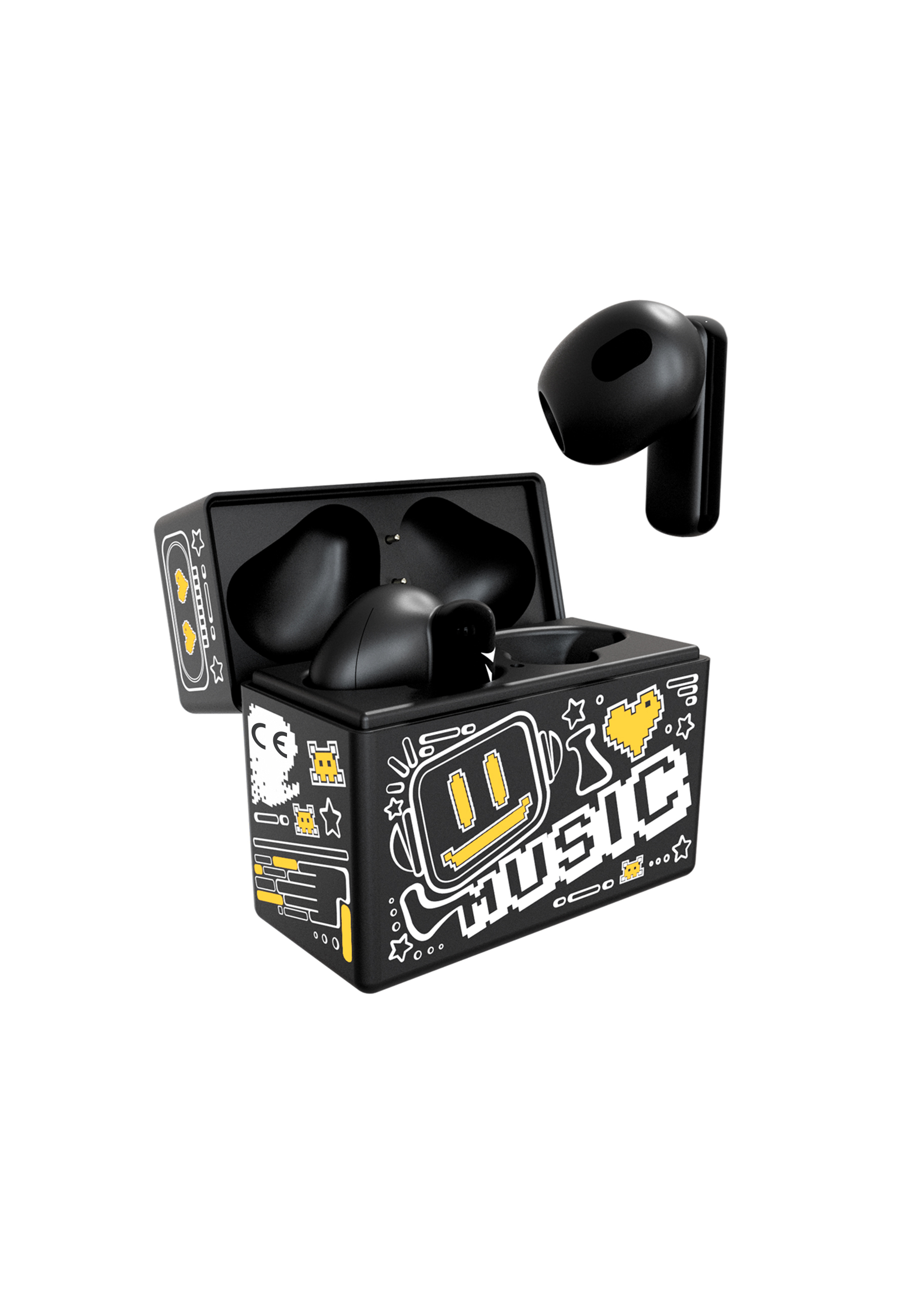Auricolari wireless neri in un astuccio di ricarica nero con grafica gialla e bianca.