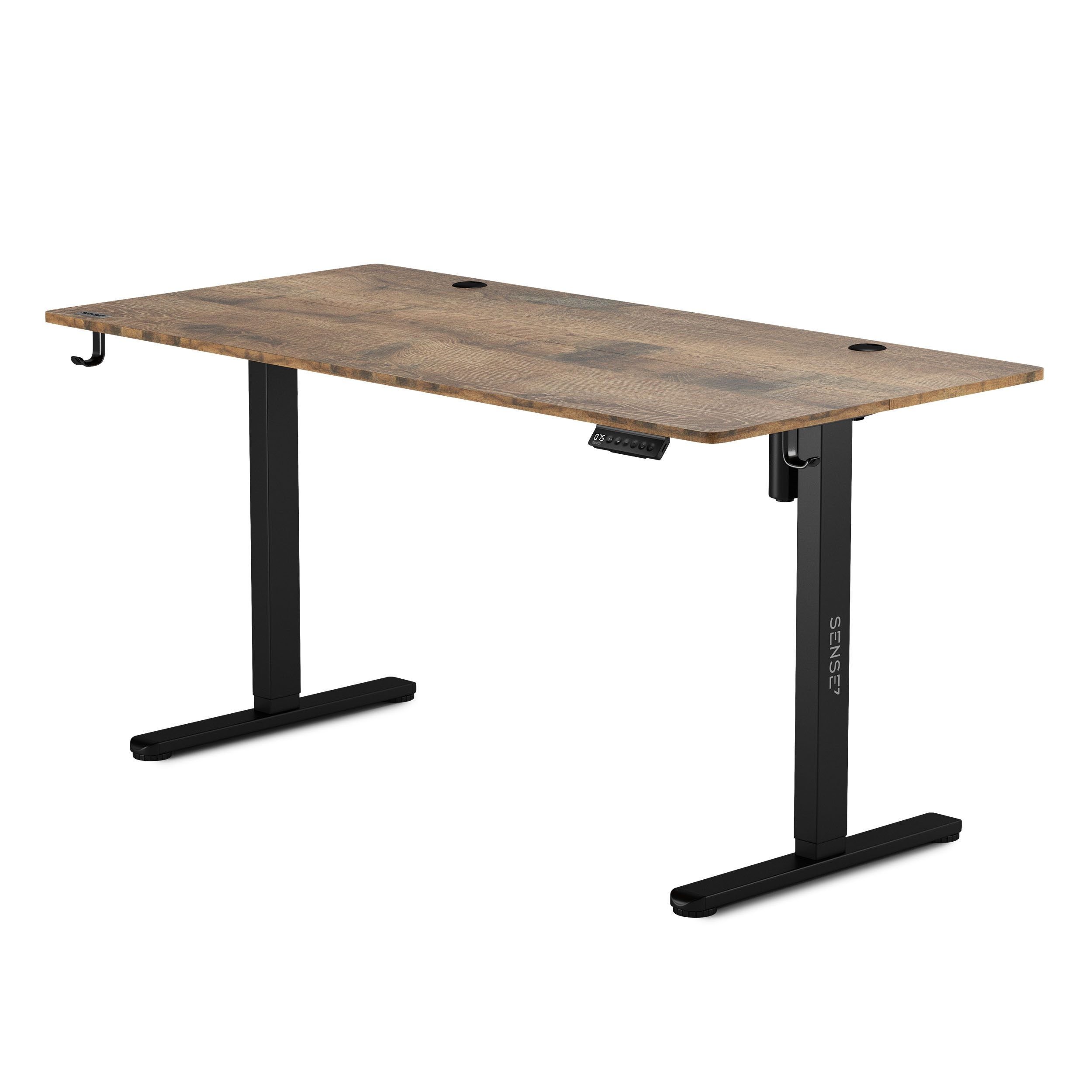Ein Holzschreibtisch mit schwarzen Beinen. Er hat ein Bedienfeld auf der rechten Seite.