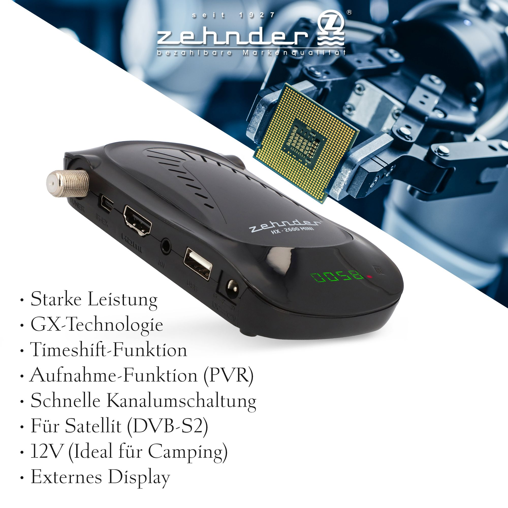 Ein schwarzer Zehnder RX-2000 Mini Receiver mit Display und Prozessorchip, umgeben von deutschem Text.