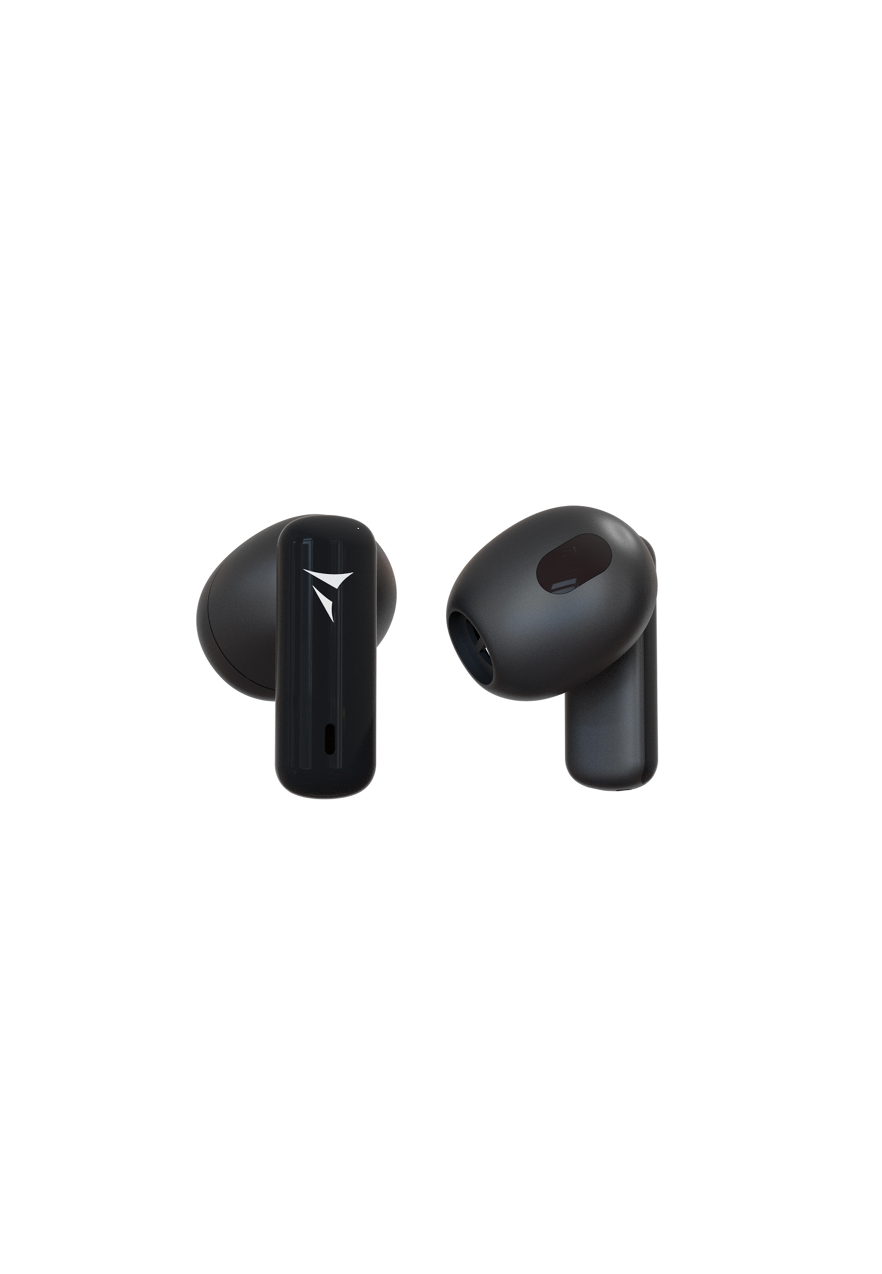 Due auricolari wireless neri su sfondo bianco. Gli auricolari hanno un design elegante e minimalista.