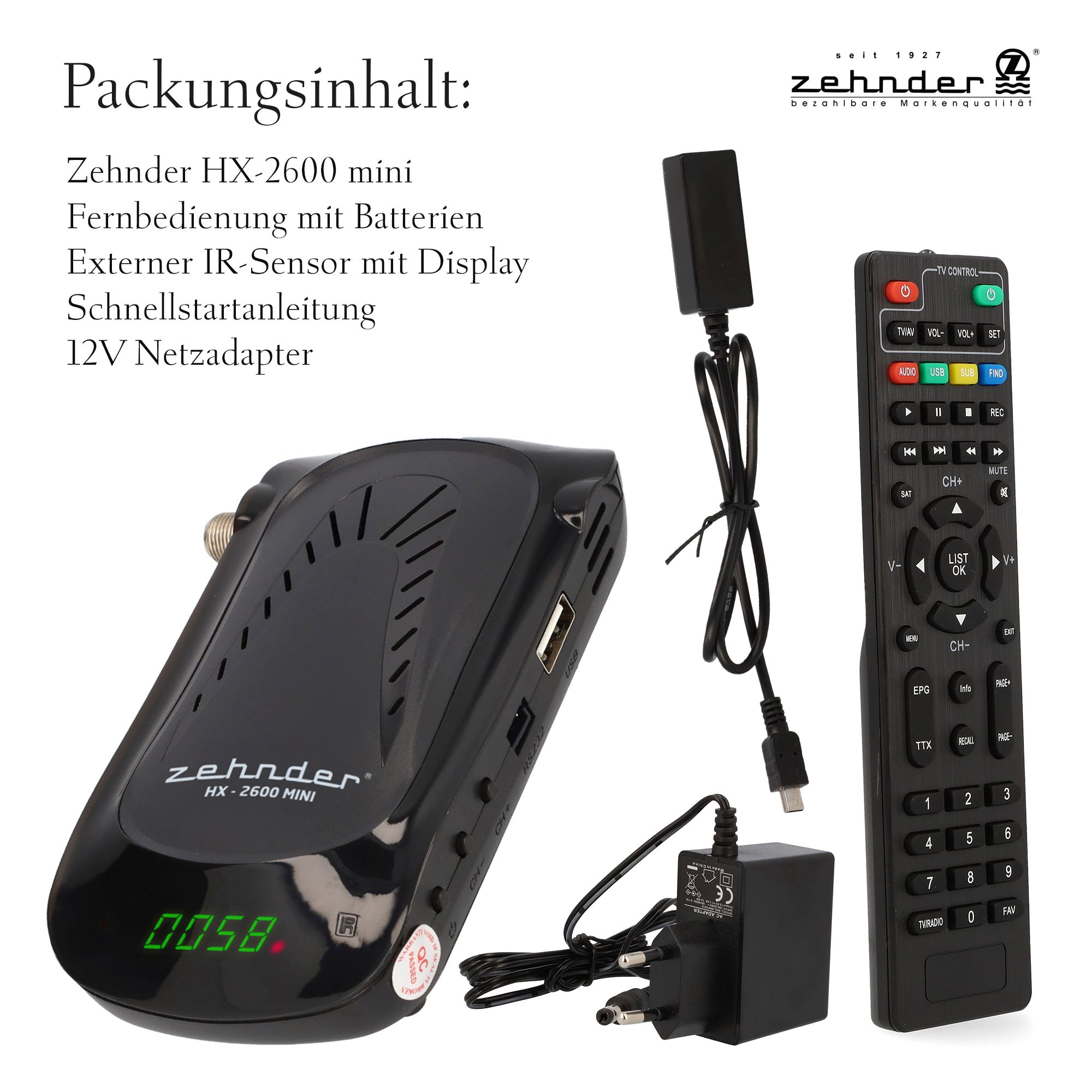 Ein schwarzer Media-Receiver mit Zubehör: Fernbedienung, Adapter und Kabel, alles auf weißem Untergrund.