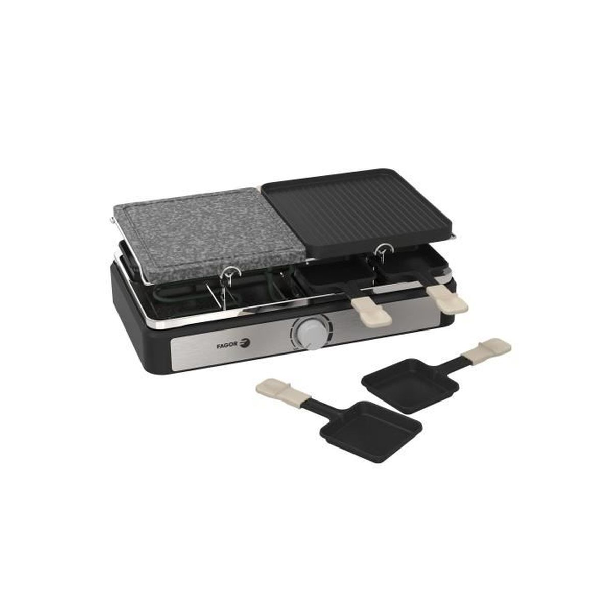 Grill per raclette con due padelle e palette. Ha una superficie in pietra e una scanalata.