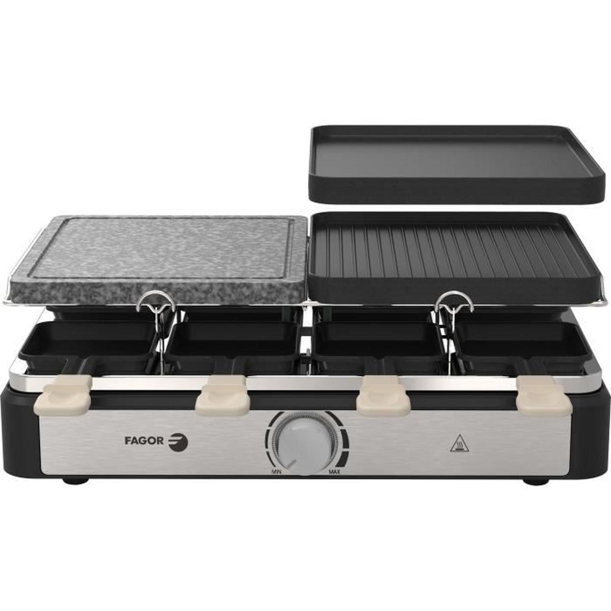 Griglia per raclette con due superfici di cottura, una manopola di controllo e il marchio FAGOR visibile.