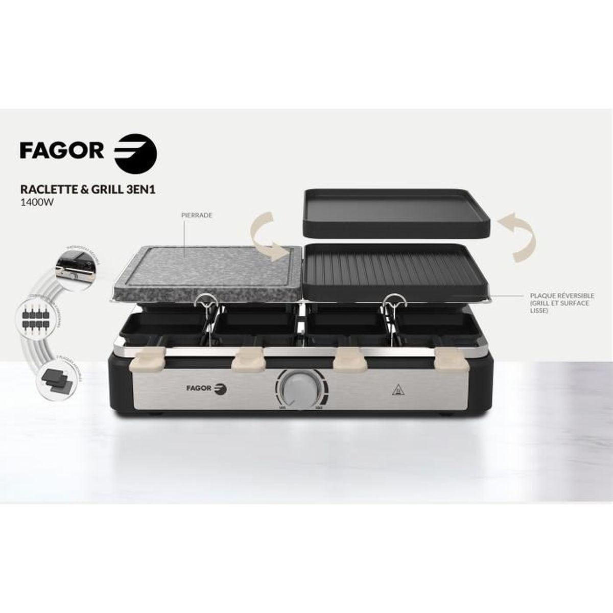 Apparecchio 3 in 1 per raclette e grill. L'apparecchio ha due superfici di cottura. Sfondo bianco.
