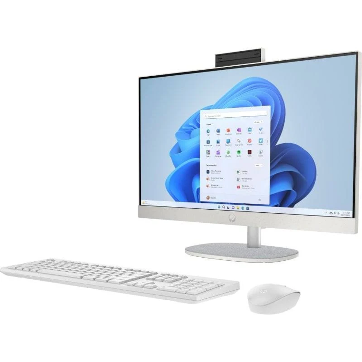 Ordenador blanco todo en uno con pantalla de interfaz Windows, teclado y ratón sobre superficie blanca.