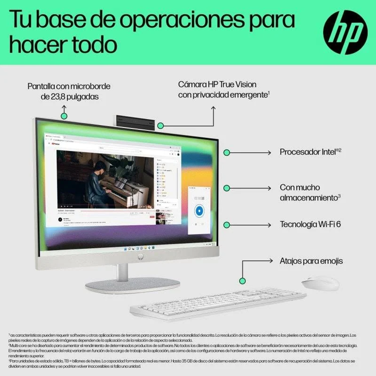 Ordenador todo en uno HP blanco con monitor, teclado y ratón. Incluye Wi-Fi 6 y procesador Intel.
