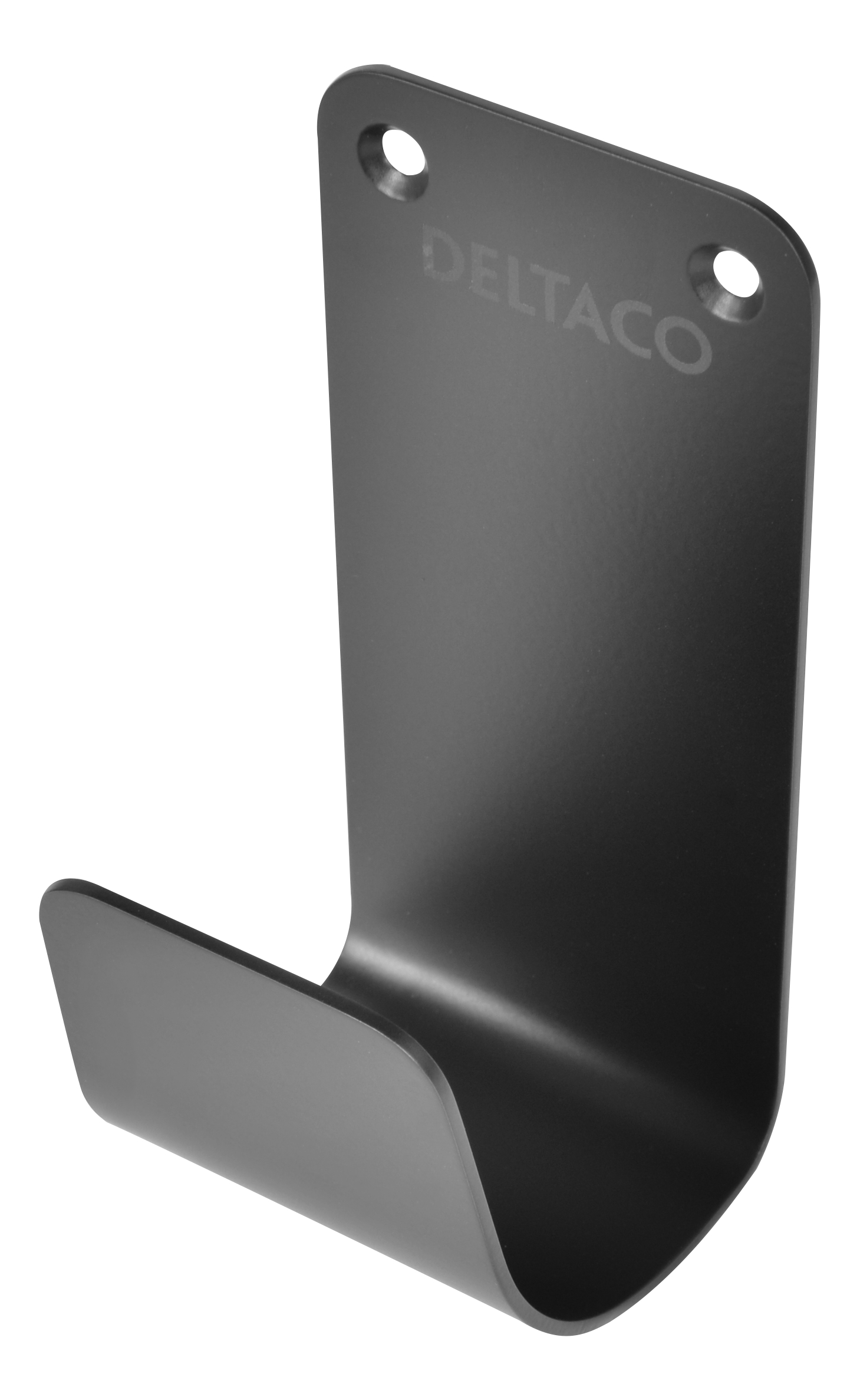 Zwarte metalen wandhaak met twee montagegaten. Het woord 'DELTACO' is zichtbaar.