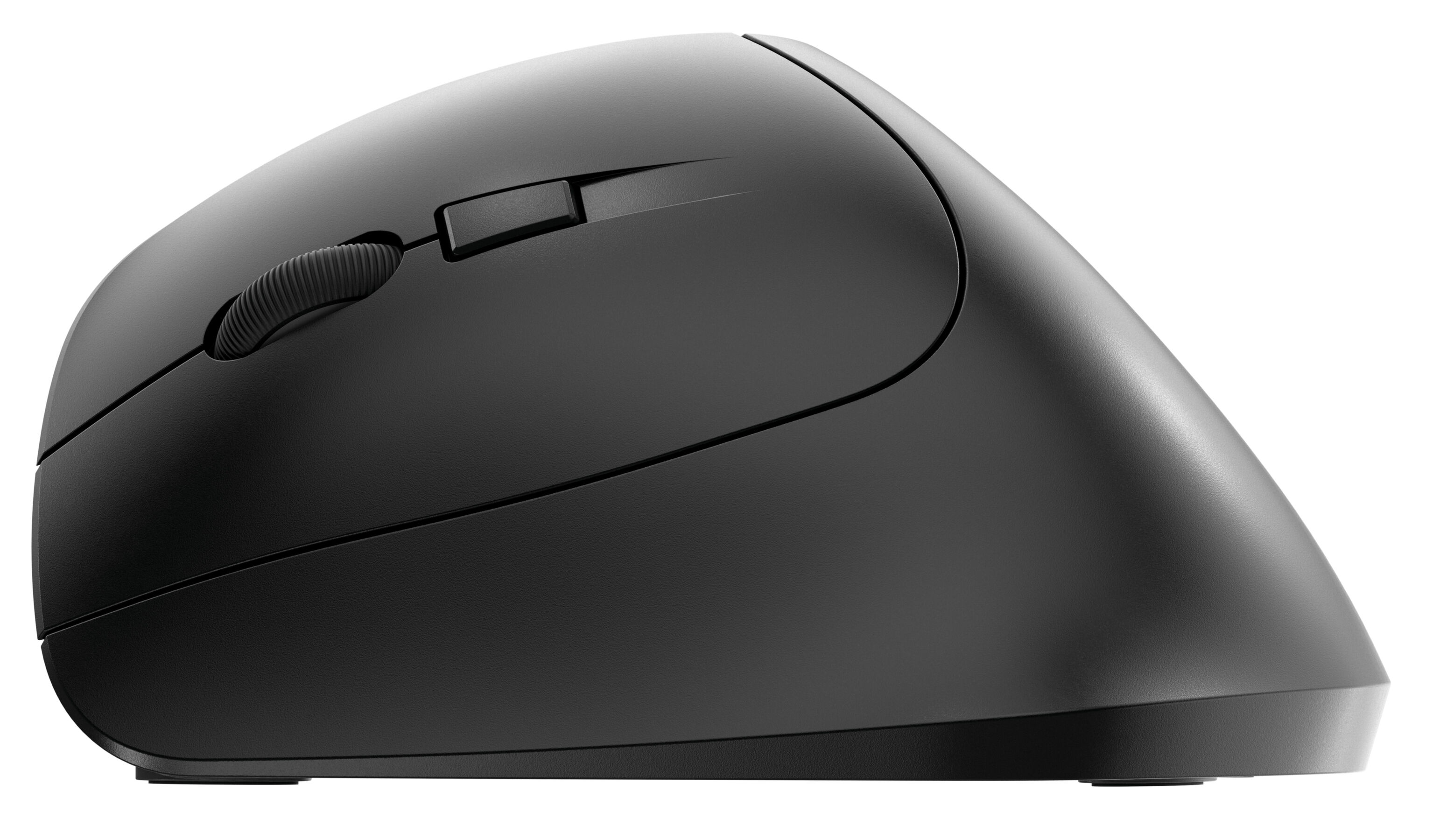 Mouse ergonomico nero con rotella e pulsanti.