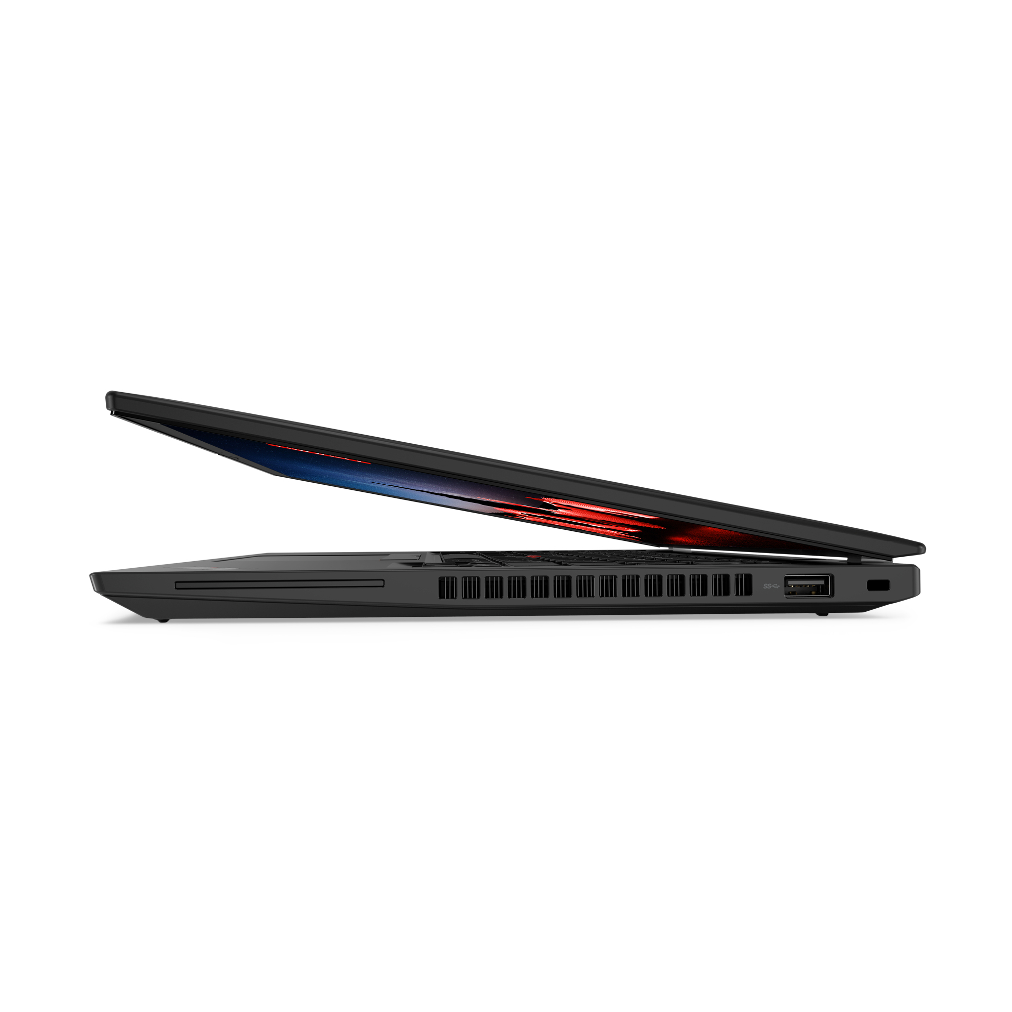 Black laptop slightly open, showing screen with red and blue colors. Side view, white background.