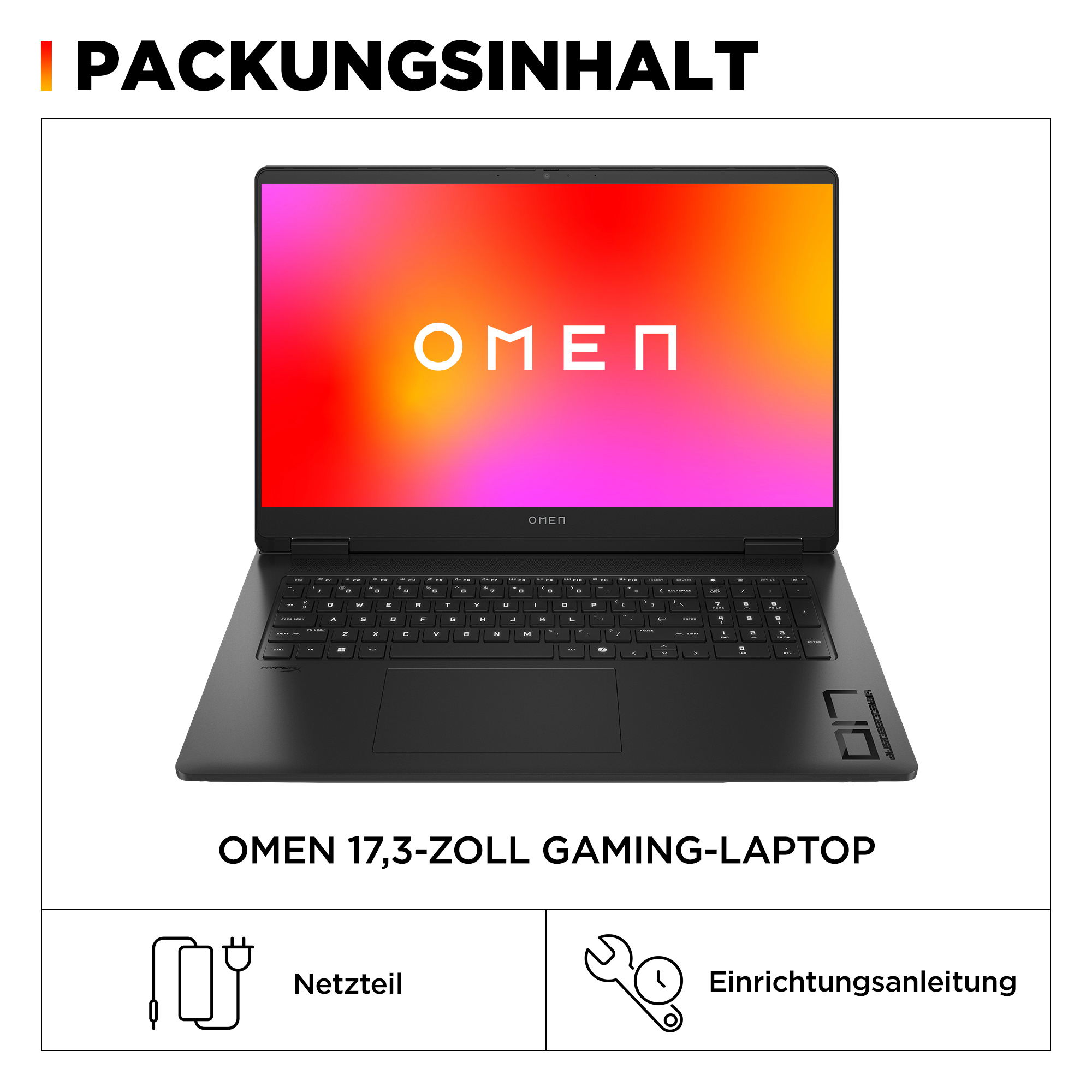Czarny laptop do gier OMEN na białym tle, z zasilaczem i ikonami instrukcji konfiguracji.