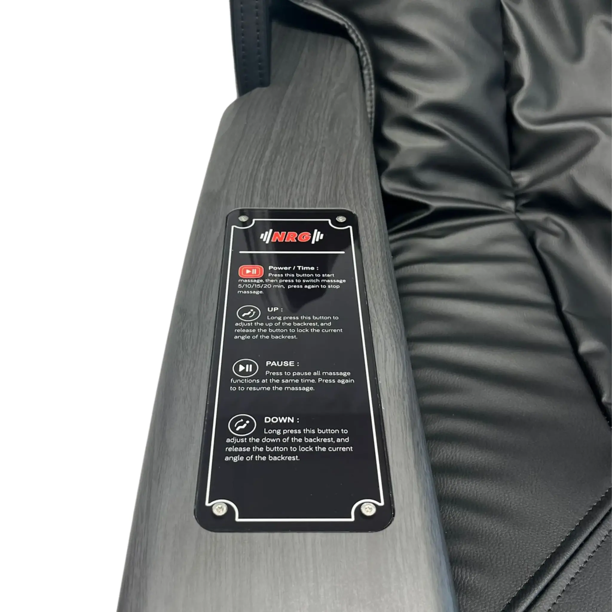 Black massage chair control panel with instructions on white background.