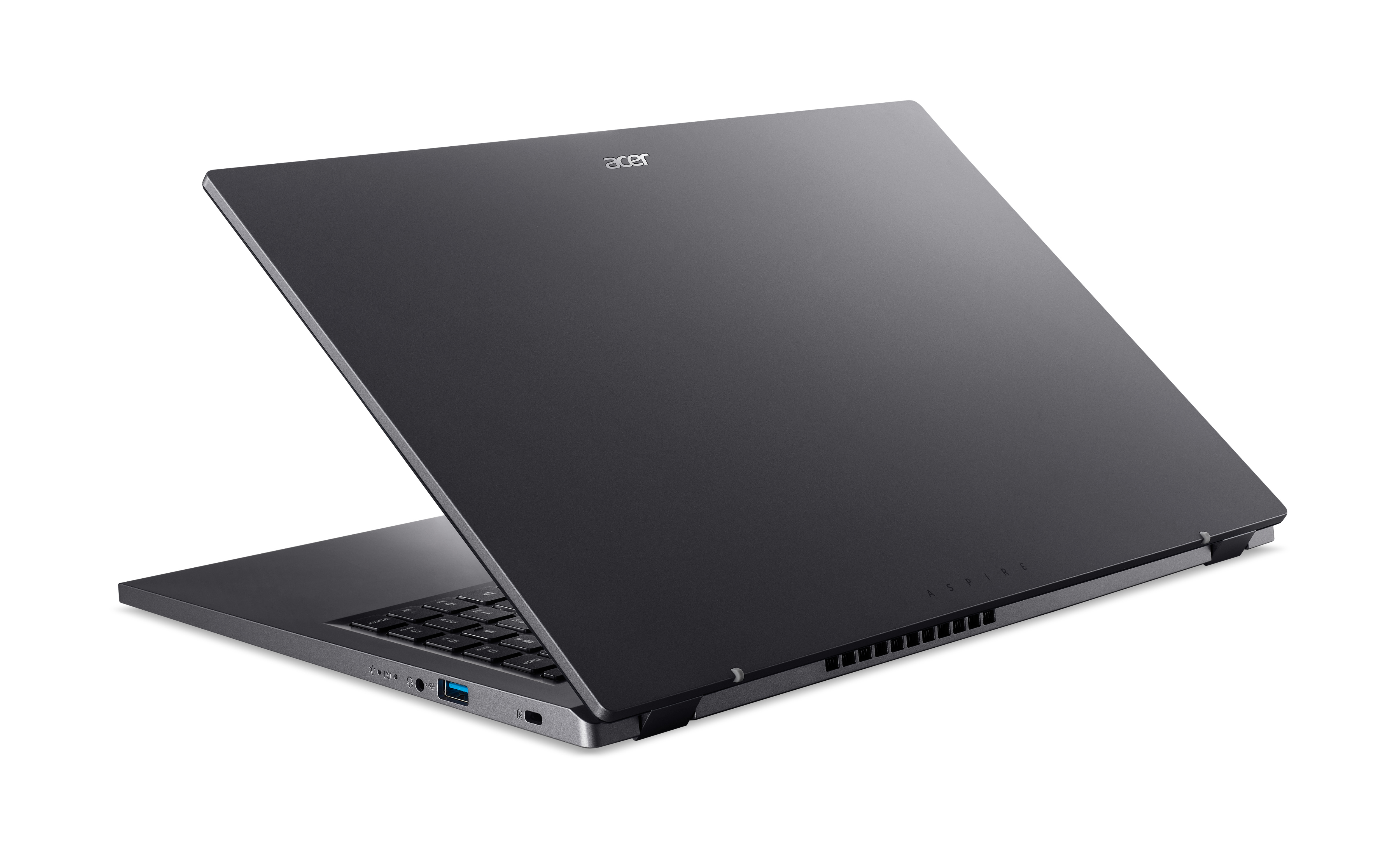 Otwarty laptop, ciemnoszary. Logo Acer. Klawiatura widoczna. Białe tło.